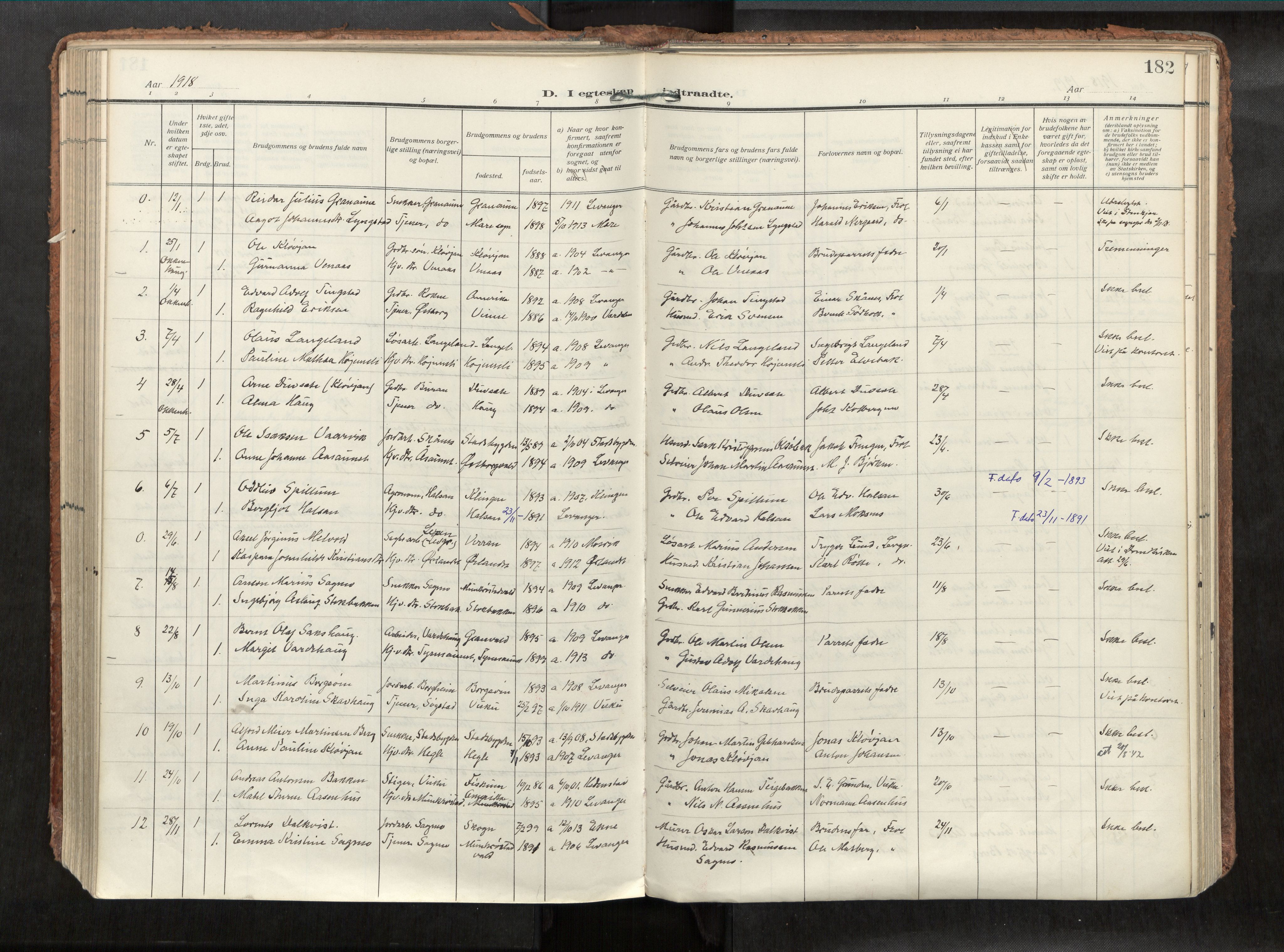 Levanger sokneprestkontor, SAT/A-1301/2/H/Haa/L0002: Parish register (official) no. 2, 1912-1935, p. 182