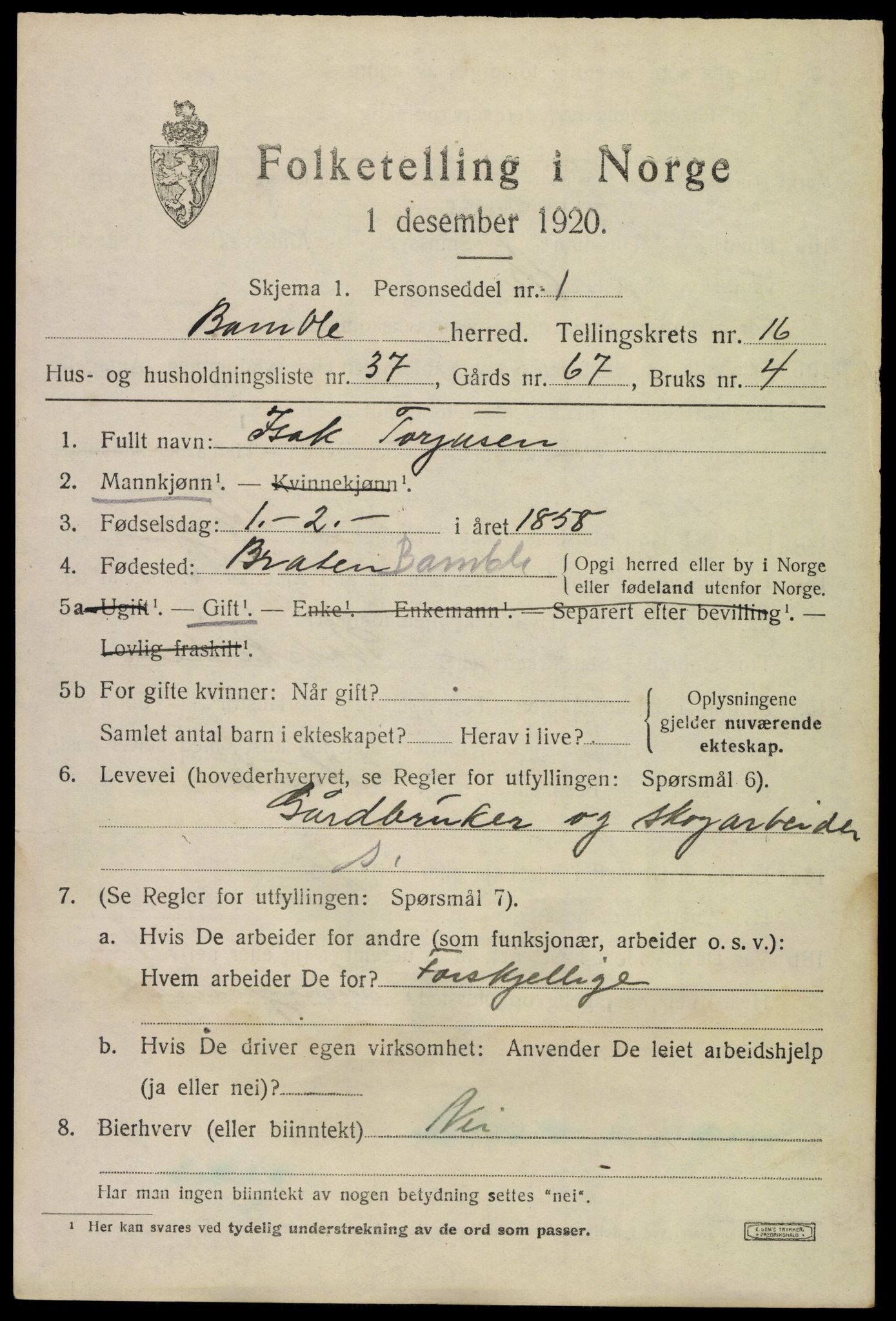 SAKO, 1920 census for Bamble, 1920, p. 11469