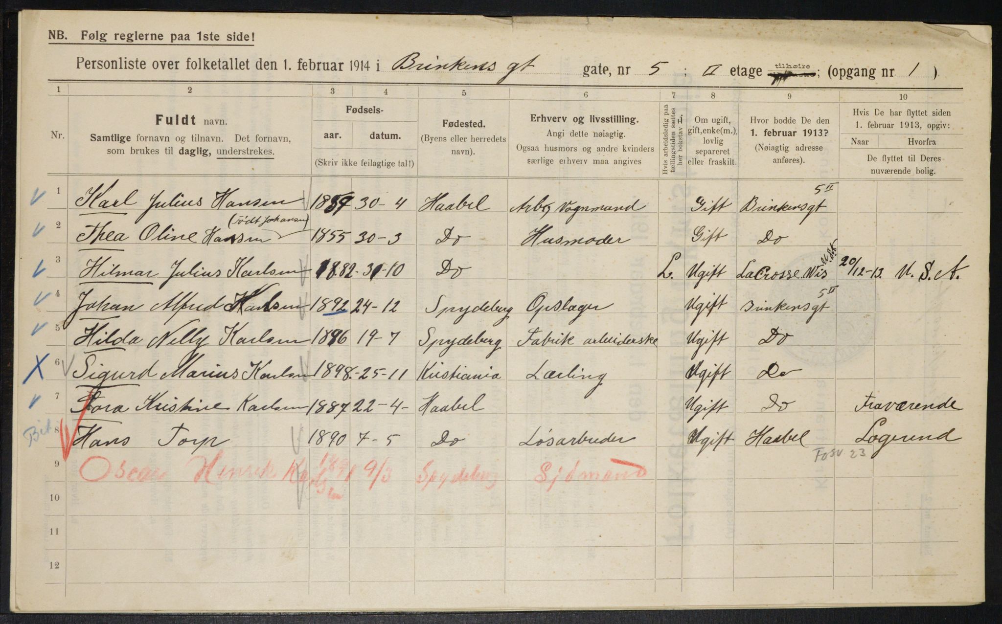 OBA, Municipal Census 1914 for Kristiania, 1914, p. 8827