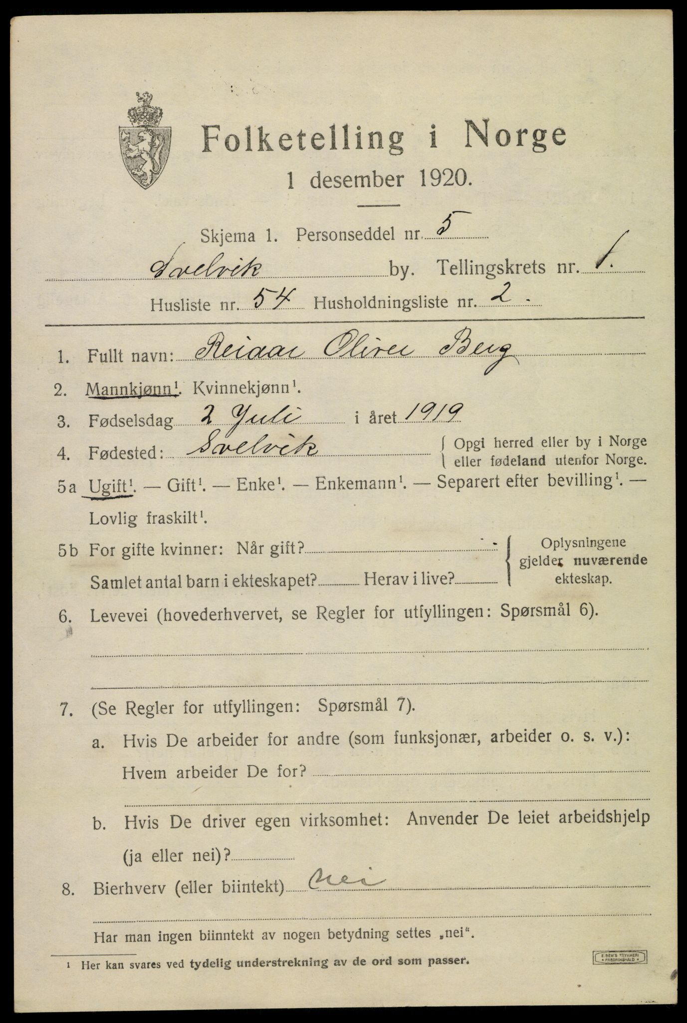 SAKO, 1920 census for Svelvik, 1920, p. 1779