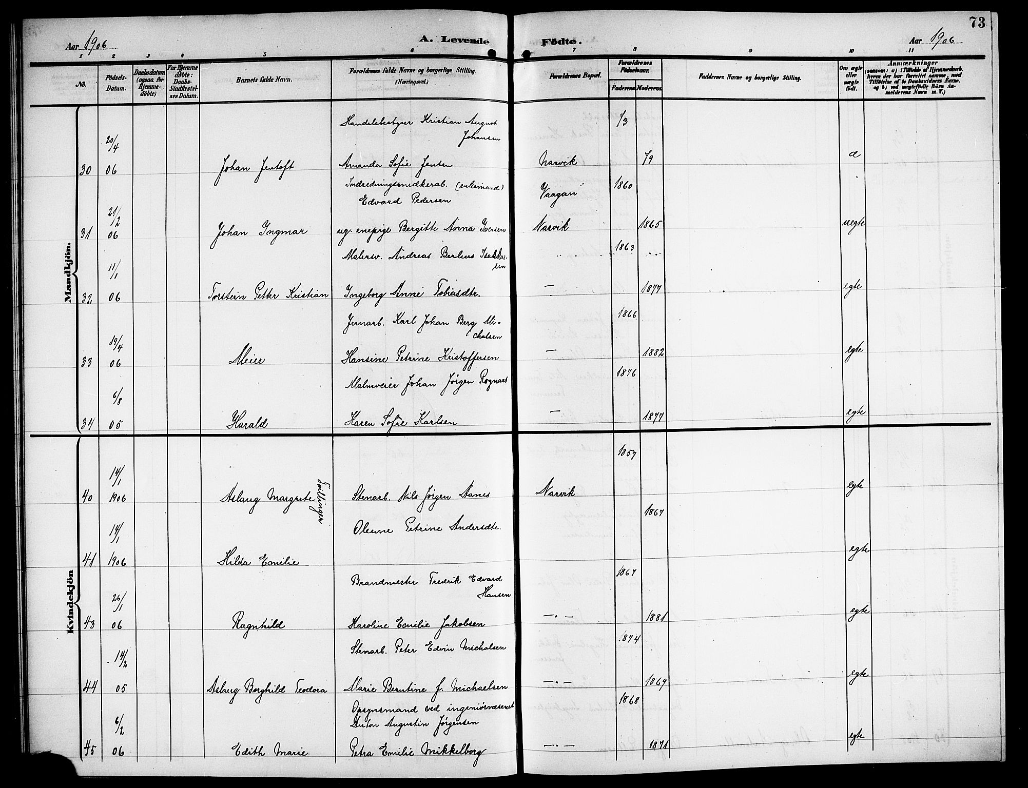 Ministerialprotokoller, klokkerbøker og fødselsregistre - Nordland, AV/SAT-A-1459/871/L1012: Parish register (copy) no. 871C01, 1902-1909, p. 73