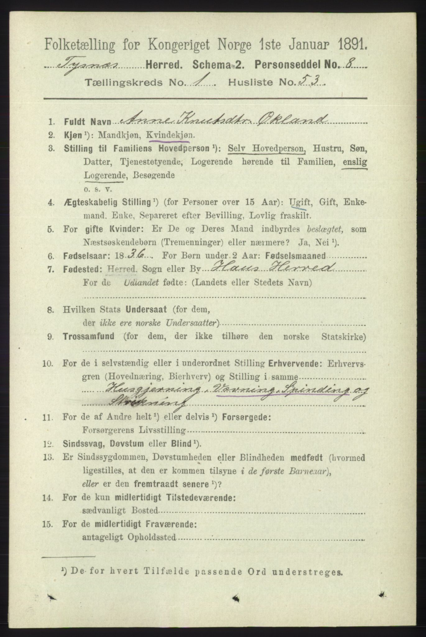 RA, 1891 census for 1223 Tysnes, 1891, p. 394