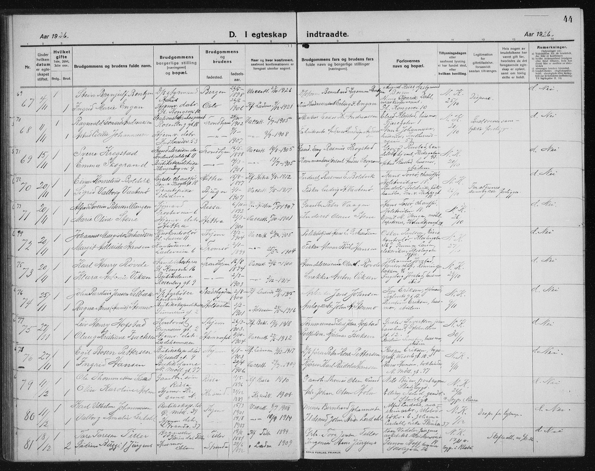 Ministerialprotokoller, klokkerbøker og fødselsregistre - Sør-Trøndelag, AV/SAT-A-1456/605/L0260: Parish register (copy) no. 605C07, 1922-1942, p. 44