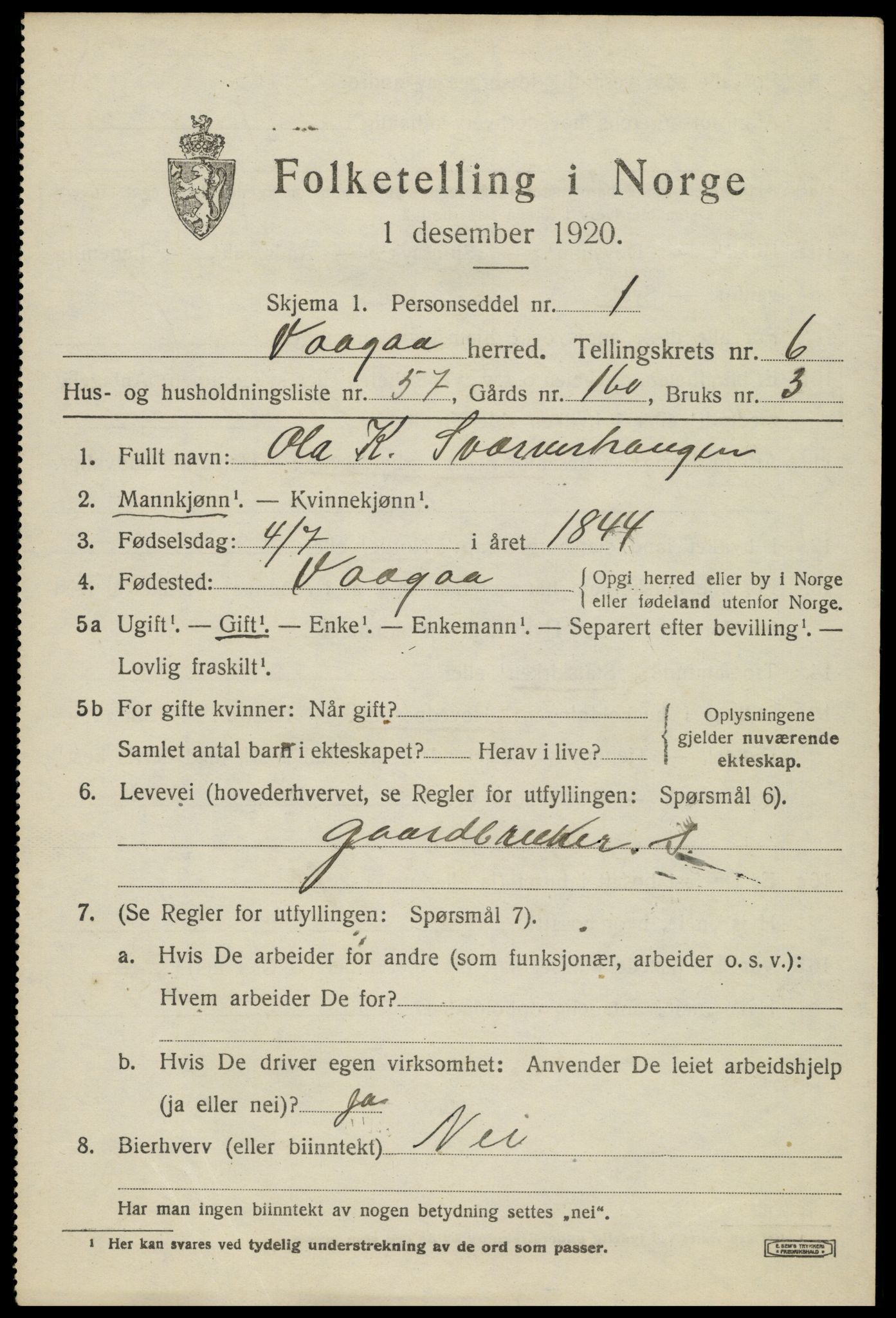 SAH, 1920 census for Vågå, 1920, p. 5274