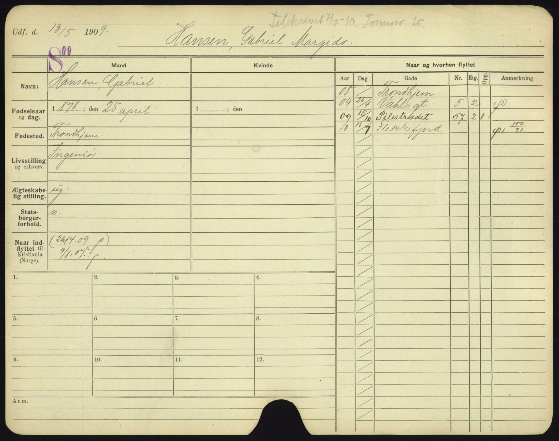 Oslo folkeregister, Registerkort, AV/SAO-A-11715/F/Fa/Fac/L0004: Menn, 1906-1914, p. 7a