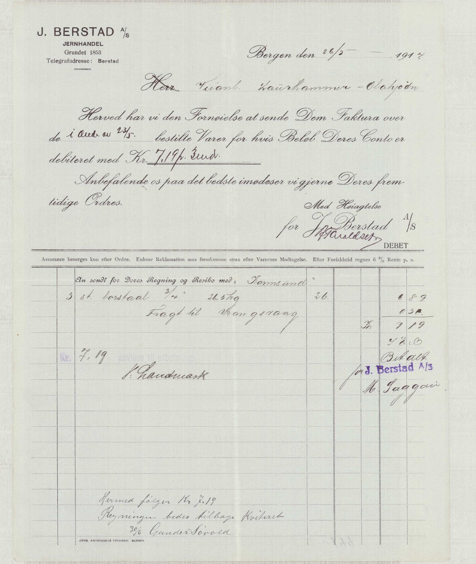 Finnaas kommune. Formannskapet, IKAH/1218a-021/E/Ea/L0001/0004: Rekneskap for veganlegg / Rekneskap for veganlegget Laurhammer - Olakjødn, 1913-1916, p. 26