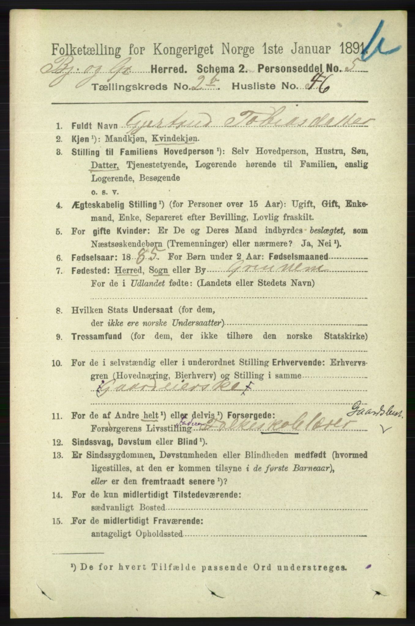 RA, 1891 census for 1024 Bjelland og Grindheim, 1891, p. 586