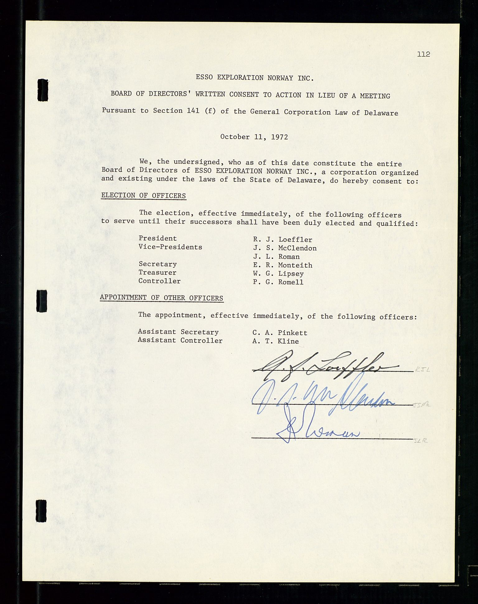 Pa 1512 - Esso Exploration and Production Norway Inc., SAST/A-101917/A/Aa/L0001/0001: Styredokumenter / Corporate records, By-Laws, Board meeting minutes, Incorporations, 1965-1975, p. 112