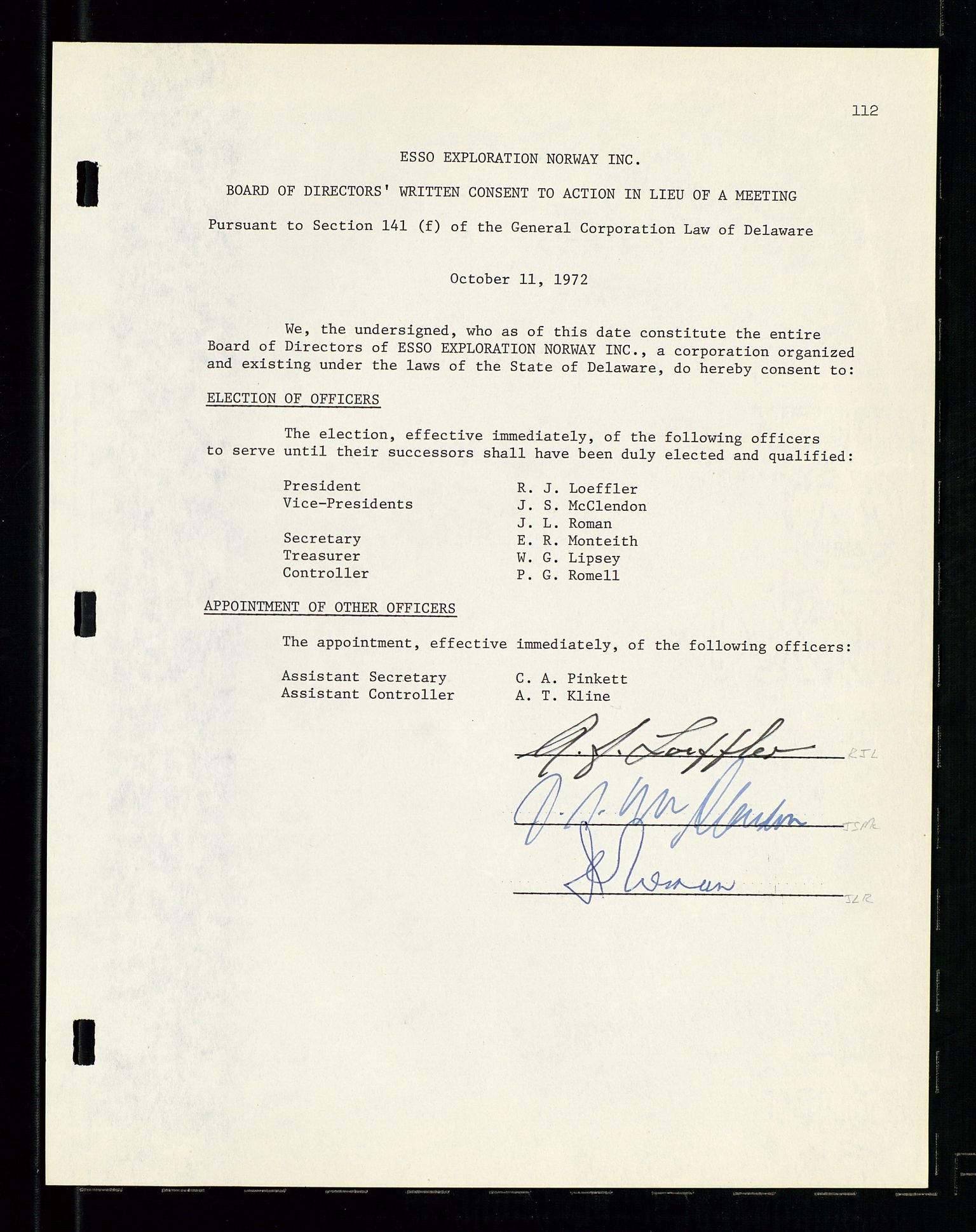 Pa 1512 - Esso Exploration and Production Norway Inc., AV/SAST-A-101917/A/Aa/L0001/0001: Styredokumenter / Corporate records, By-Laws, Board meeting minutes, Incorporations, 1965-1975, p. 112