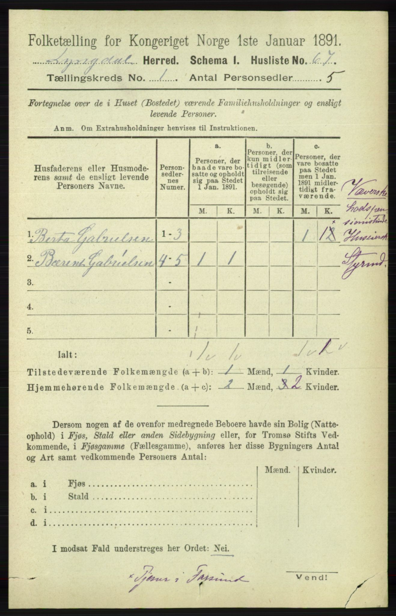 RA, 1891 census for 1032 Lyngdal, 1891, p. 107