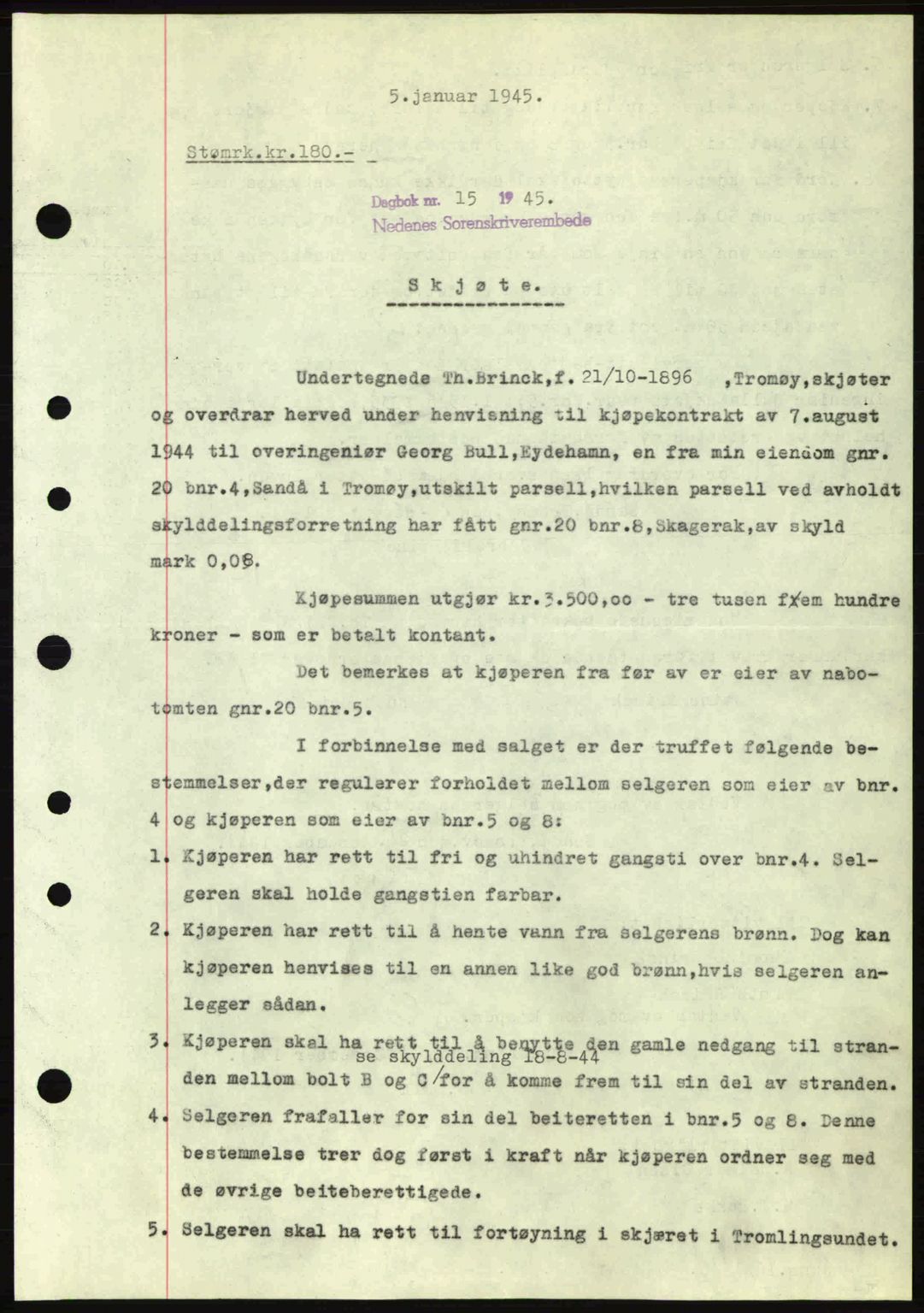 Nedenes sorenskriveri, AV/SAK-1221-0006/G/Gb/Gba/L0052: Mortgage book no. A6a, 1944-1945, Diary no: : 15/1945