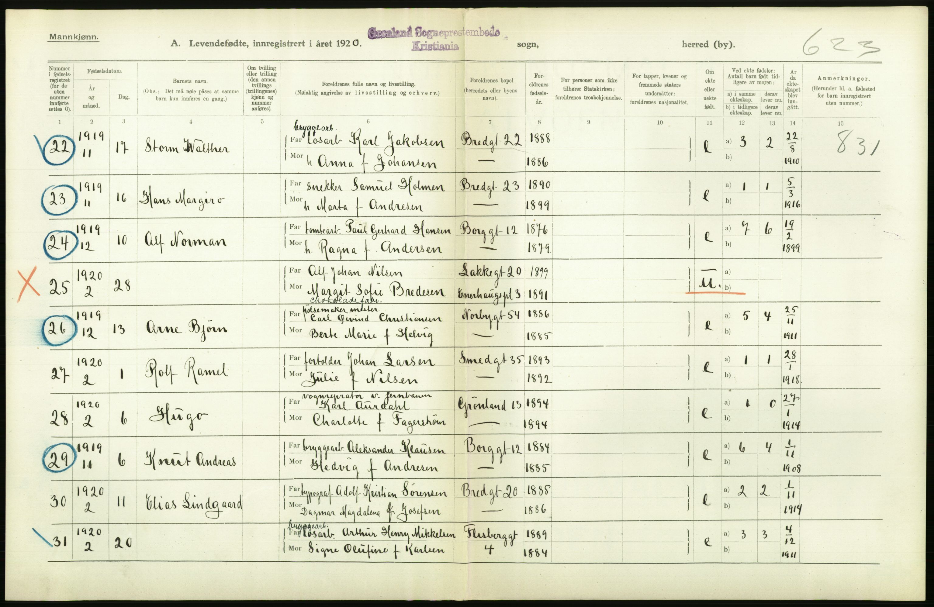 Statistisk sentralbyrå, Sosiodemografiske emner, Befolkning, AV/RA-S-2228/D/Df/Dfb/Dfbj/L0008: Kristiania: Levendefødte menn og kvinner., 1920, p. 118