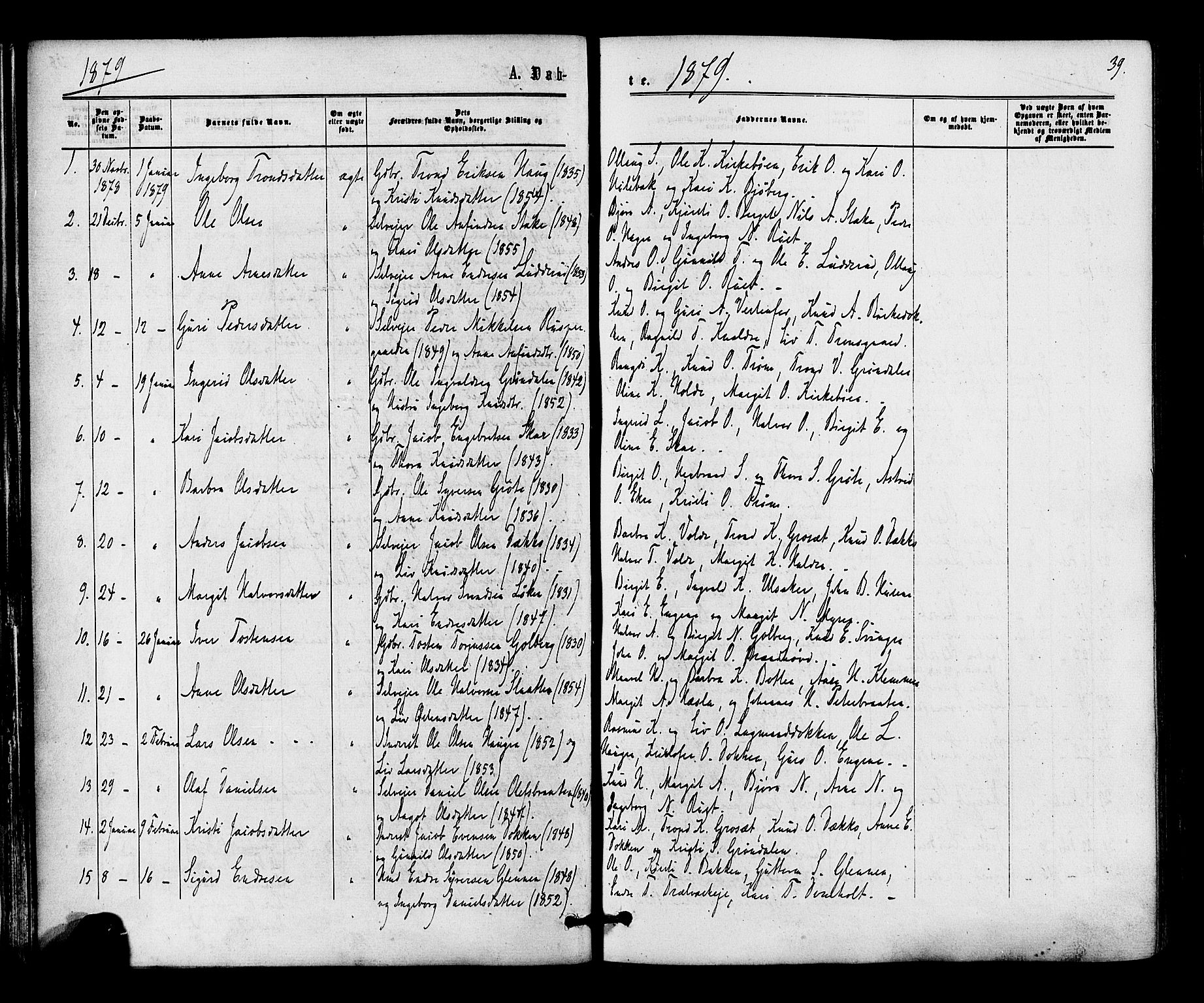 Gol kirkebøker, SAKO/A-226/F/Fa/L0004: Parish register (official) no. I 4, 1876-1886, p. 39