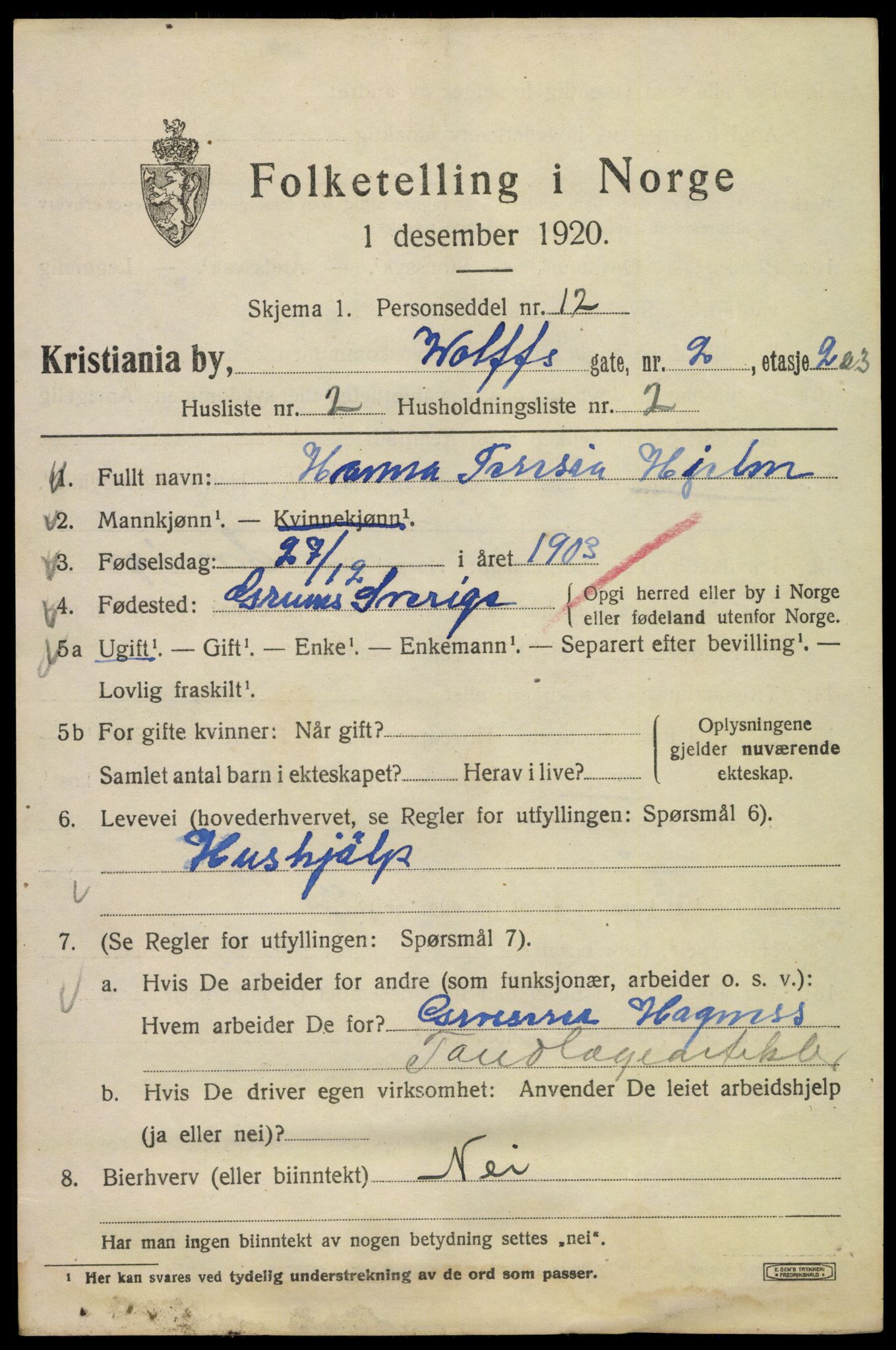 SAO, 1920 census for Kristiania, 1920, p. 653975