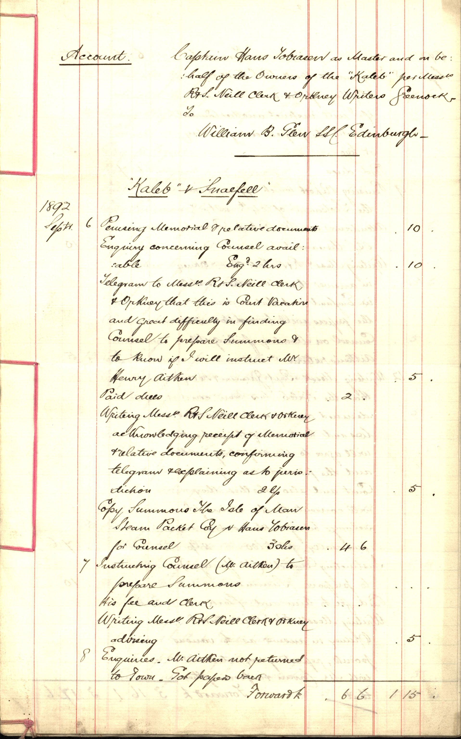 Pa 63 - Østlandske skibsassuranceforening, VEMU/A-1079/G/Ga/L0028/0001: Havaridokumenter / Kaleb, Cuba, Agra, Bertha, Olaf, 1892, p. 1