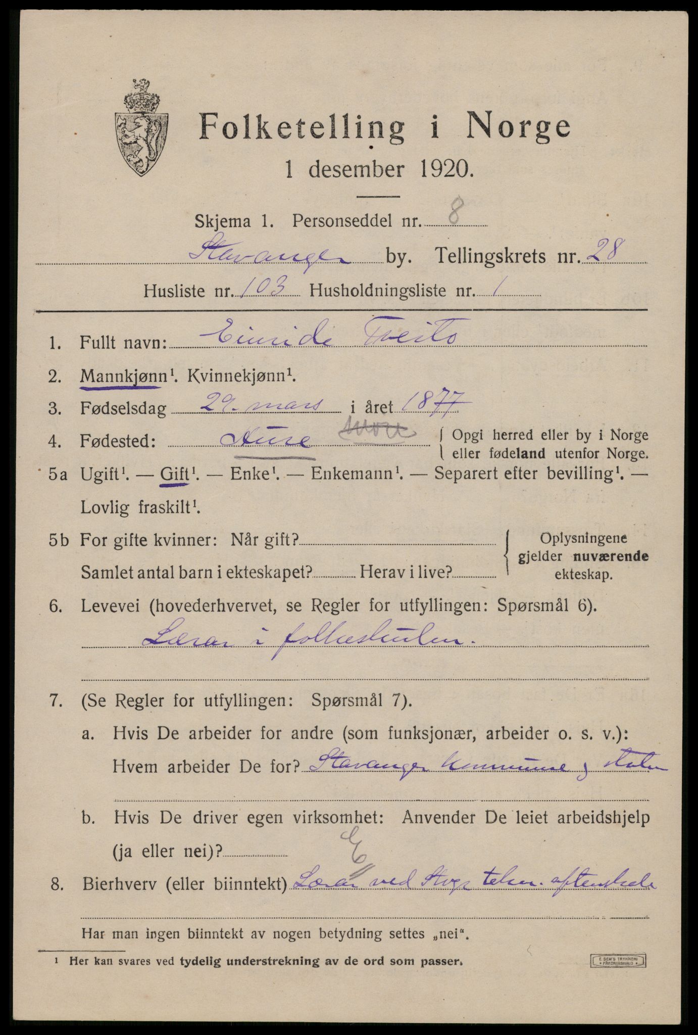 SAST, 1920 census for Stavanger, 1920, p. 82602