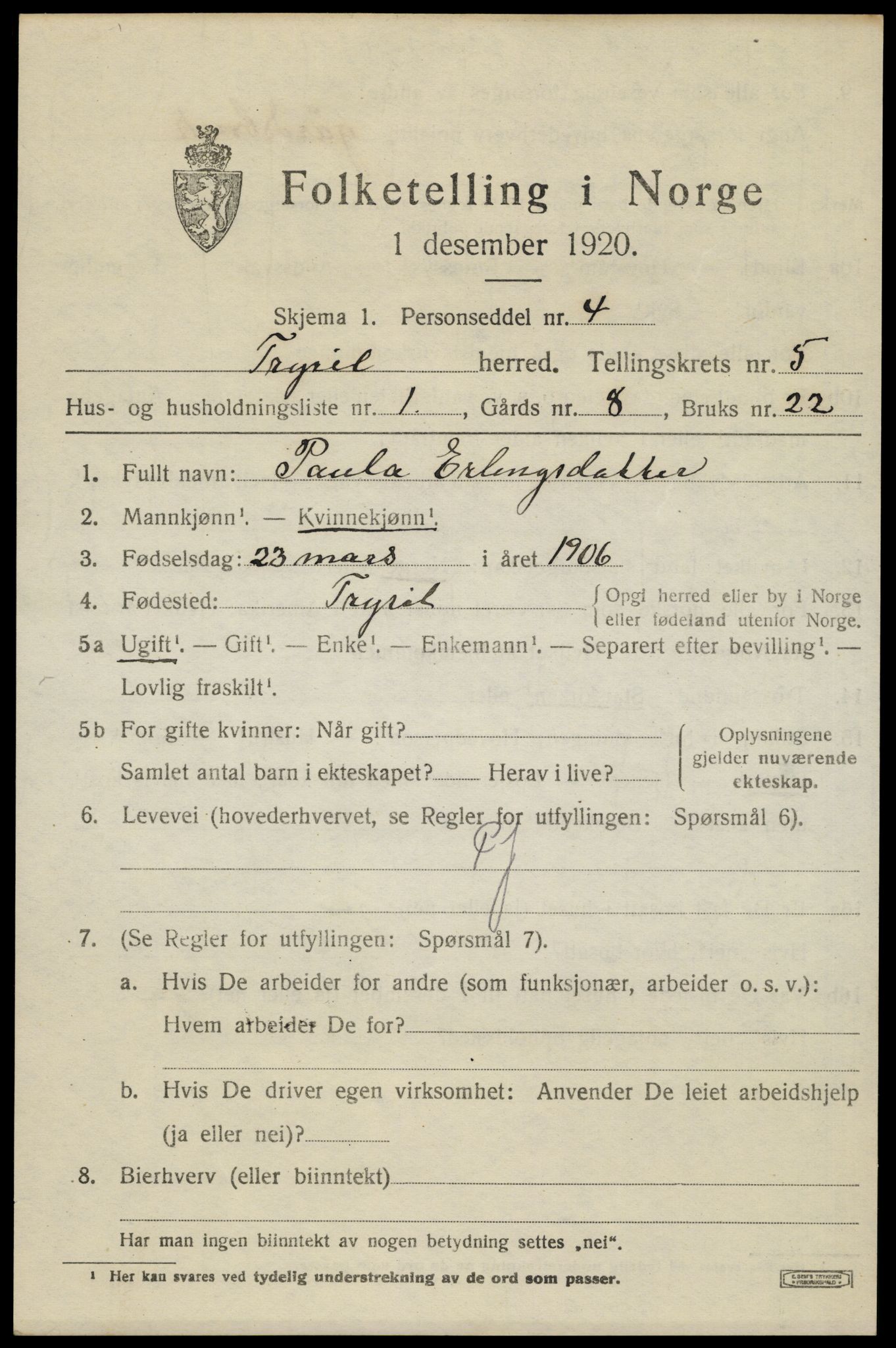 SAH, 1920 census for Trysil, 1920, p. 4317