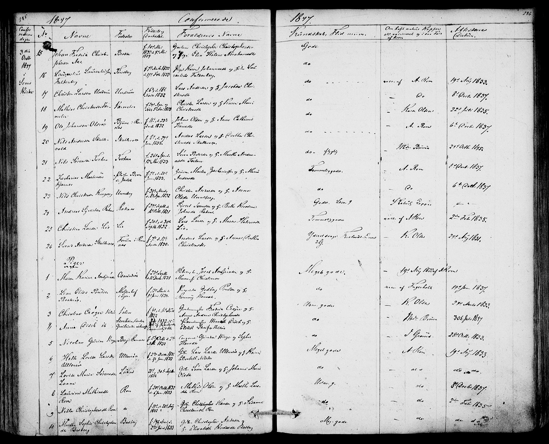 Sem kirkebøker, SAKO/A-5/F/Fa/L0006: Parish register (official) no. I 6, 1843-1855, p. 285-286