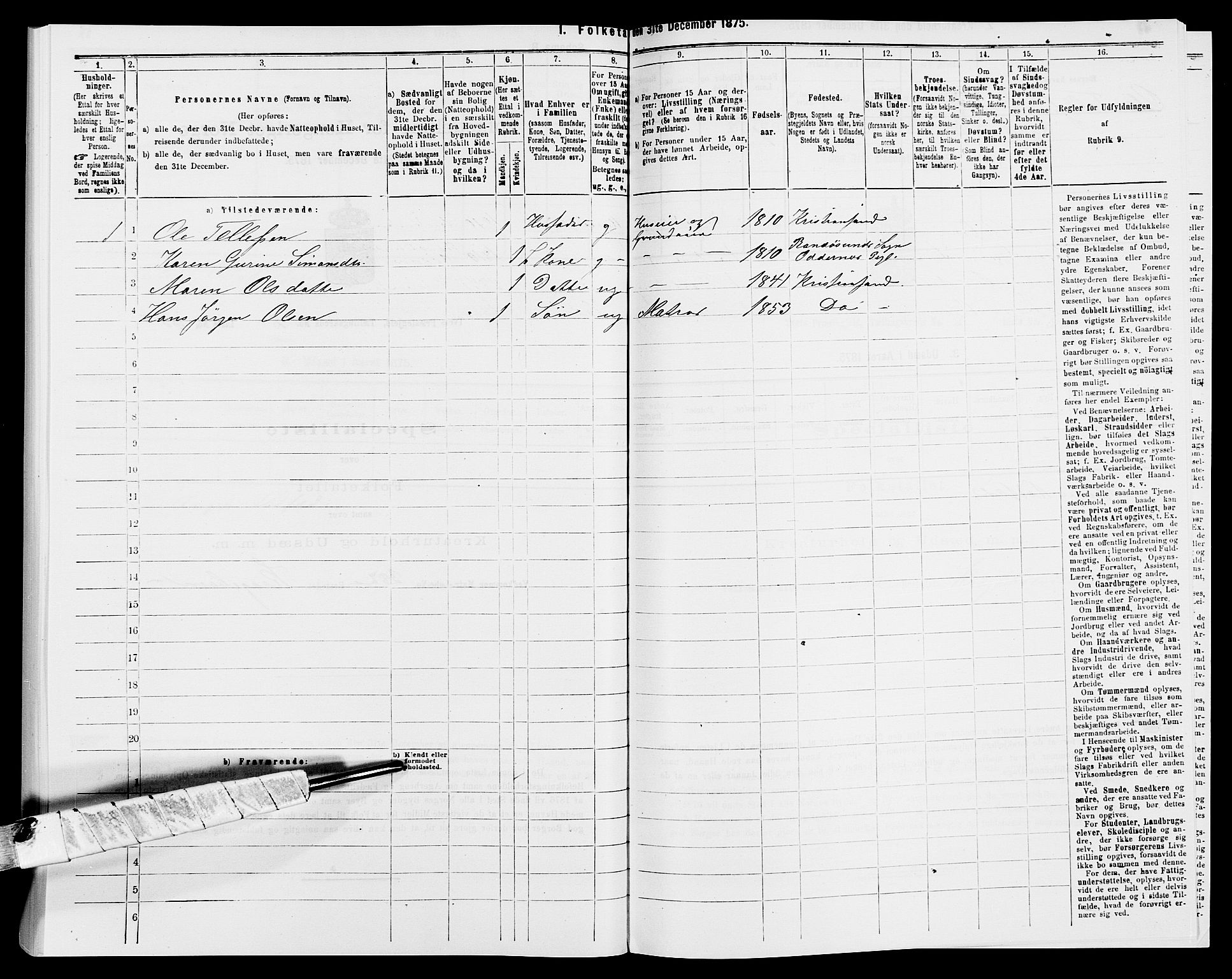 SAK, 1875 census for 1013P Tveit, 1875, p. 304