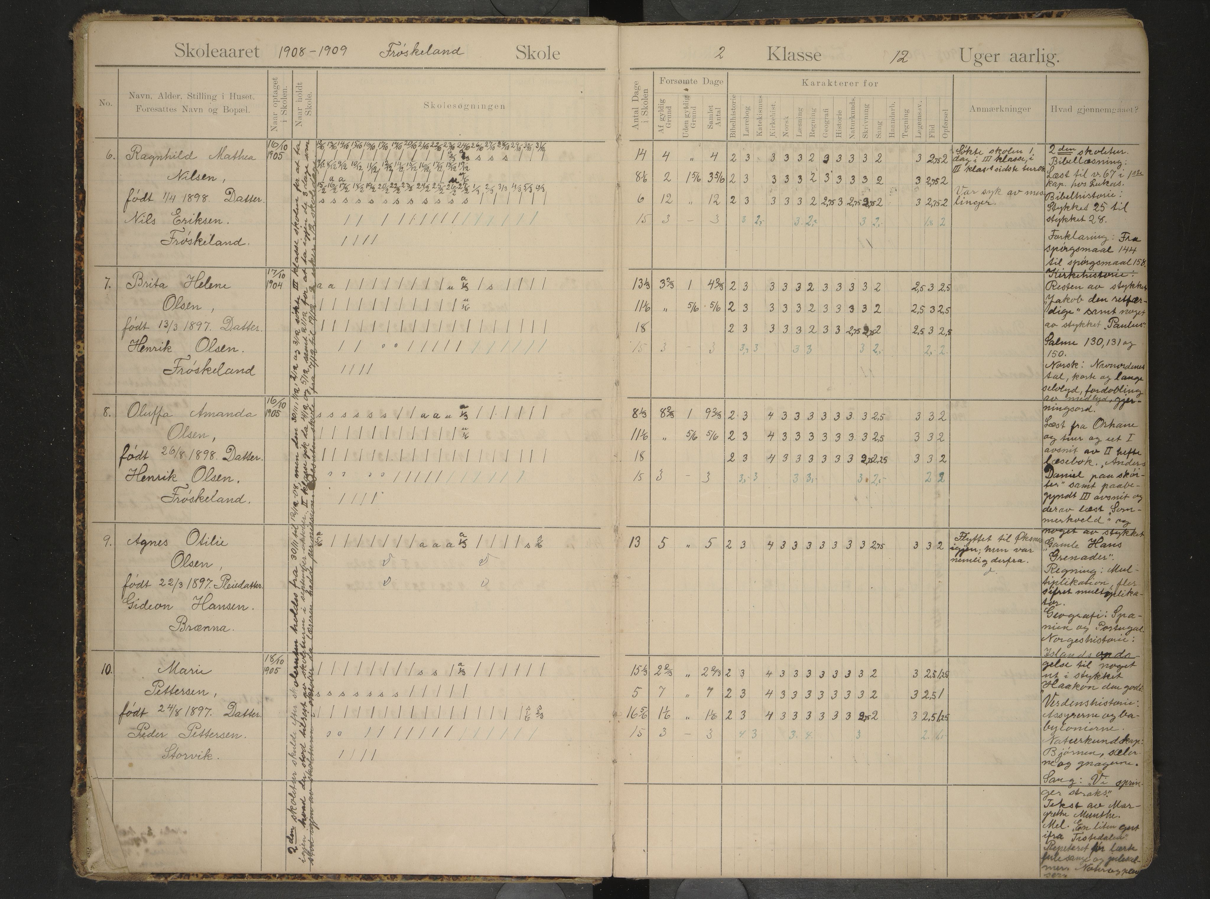 Hadsel kommune. Frøskeland skolekrets, AIN/K-18660.510.40/G/L0003: Skoleprotokoll for Frøskeland skole. 2. og 3. klasse, 1908-1920