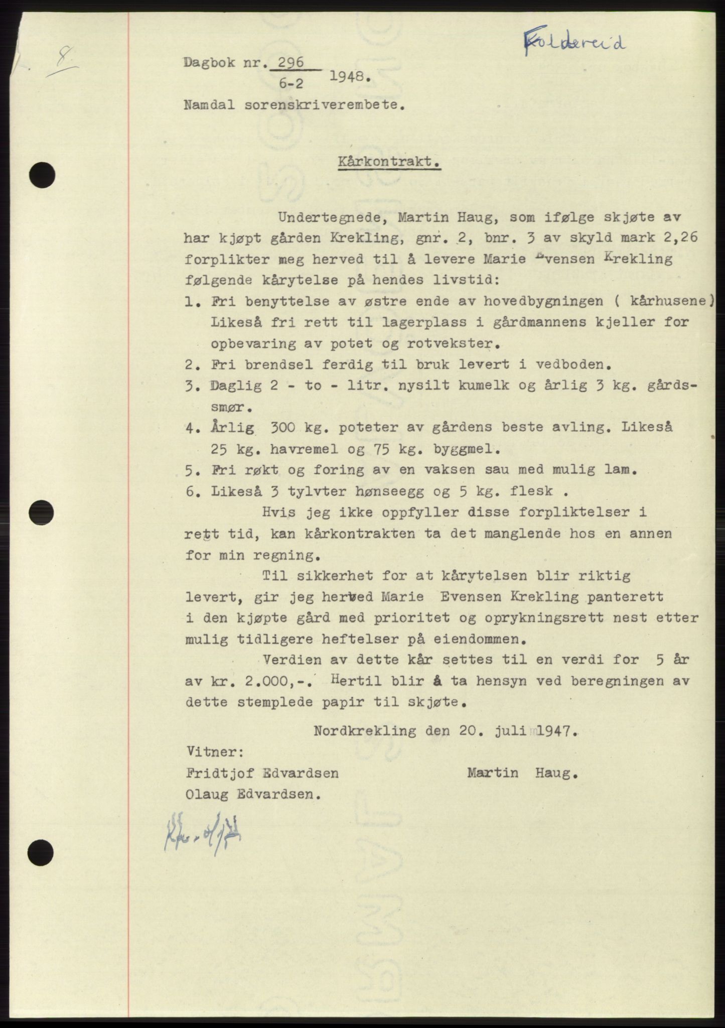 Namdal sorenskriveri, SAT/A-4133/1/2/2C: Mortgage book no. -, 1947-1948, Diary no: : 296/1948