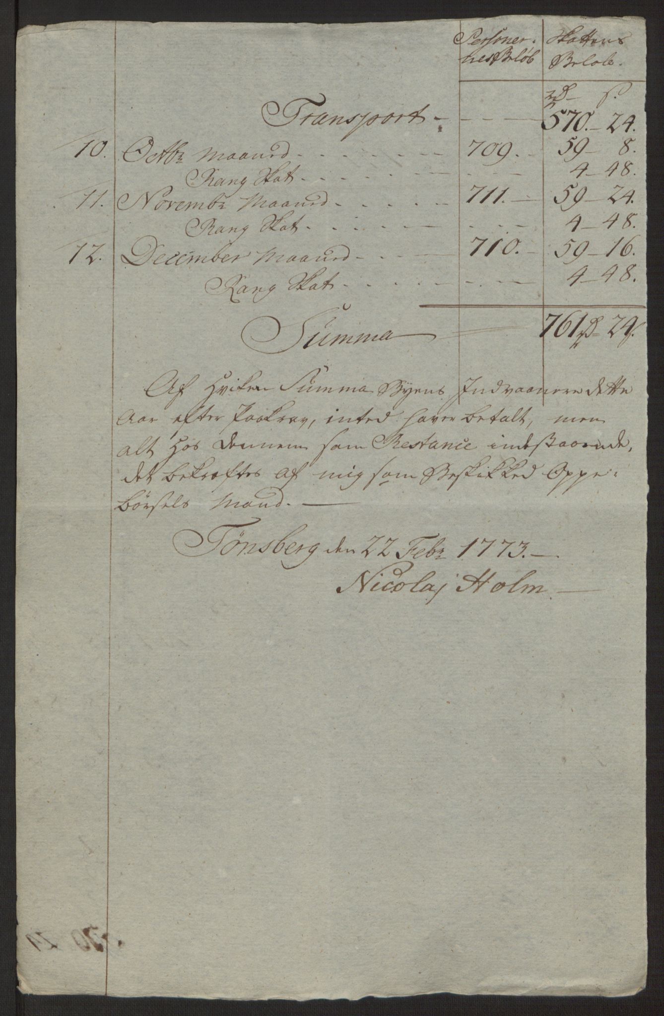 Rentekammeret inntil 1814, Reviderte regnskaper, Byregnskaper, RA/EA-4066/R/Rh/L0162/0001: [H4] Kontribusjonsregnskap / Ekstraskatt, Tønsberg, 1762-1772, p. 401