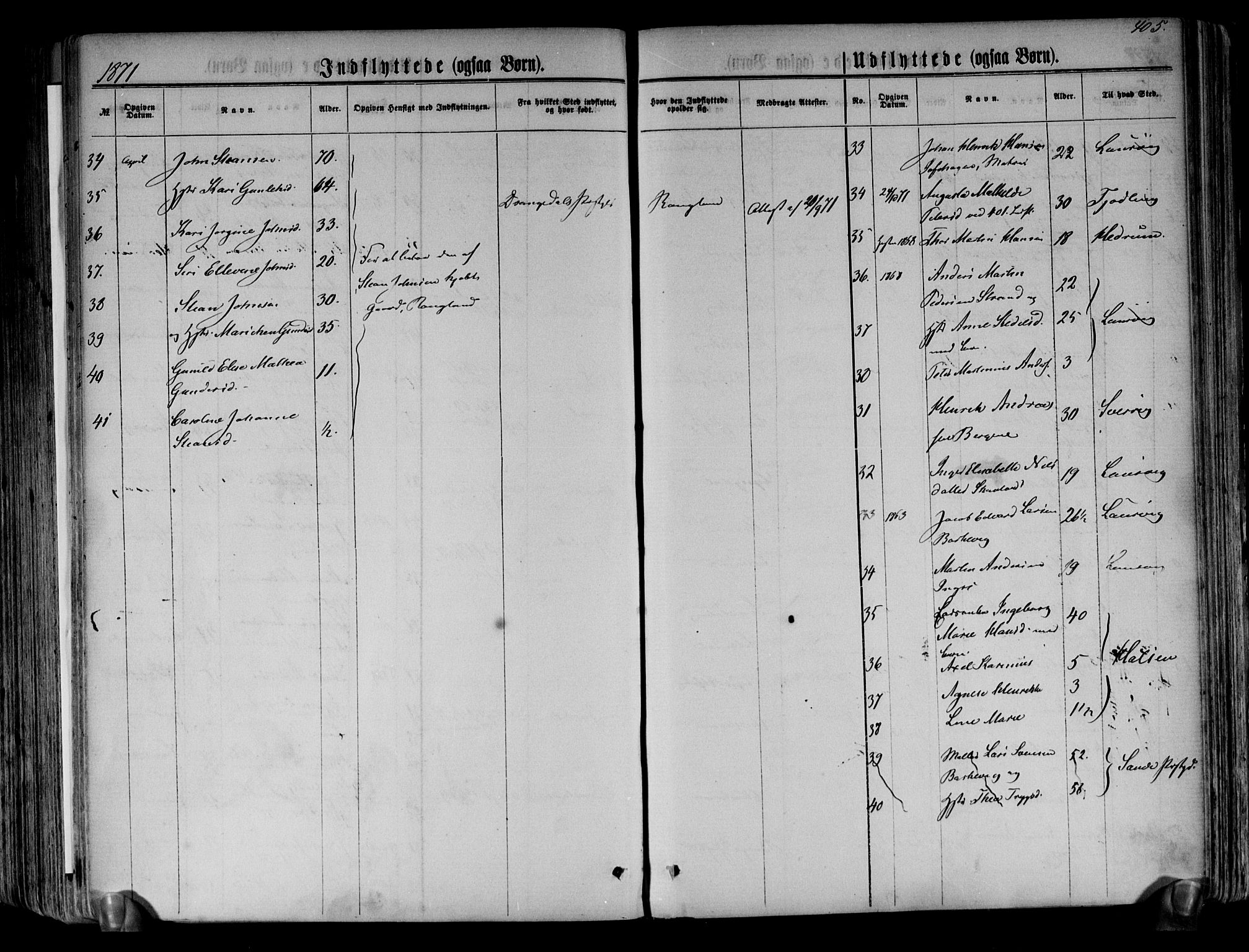 Brunlanes kirkebøker, AV/SAKO-A-342/F/Fa/L0005: Parish register (official) no. I 5, 1862-1877, p. 405