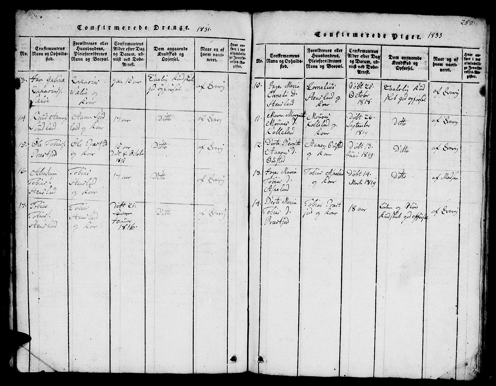 Lyngdal sokneprestkontor, AV/SAK-1111-0029/F/Fb/Fba/L0001: Parish register (copy) no. B 1, 1816-1876, p. 259