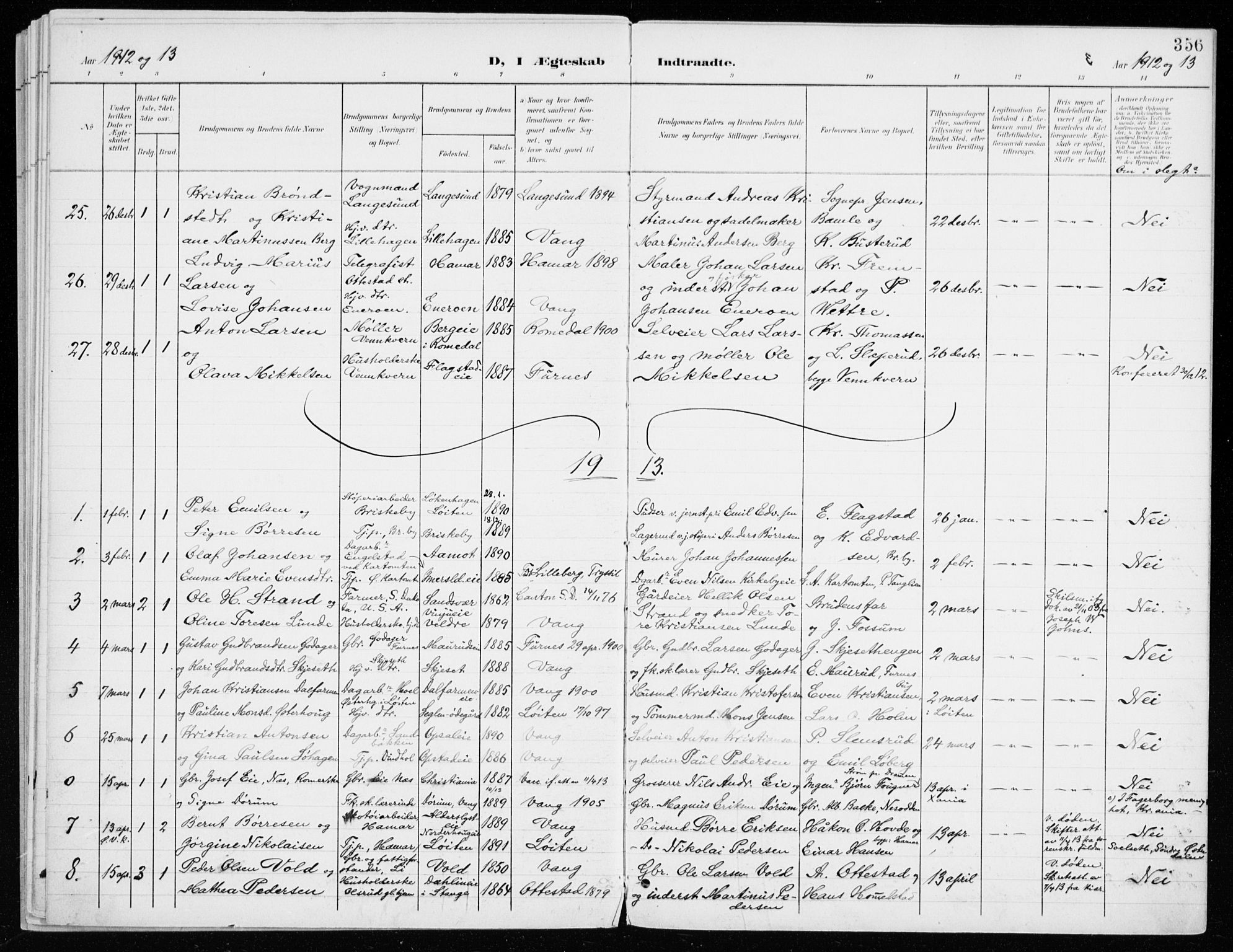 Vang prestekontor, Hedmark, SAH/PREST-008/H/Ha/Haa/L0021: Parish register (official) no. 21, 1902-1917, p. 356