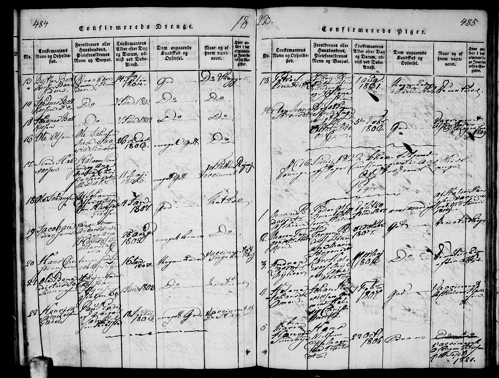 Ås prestekontor Kirkebøker, AV/SAO-A-10894/F/Fa/L0004: Parish register (official) no. I 4, 1818-1826, p. 484-485