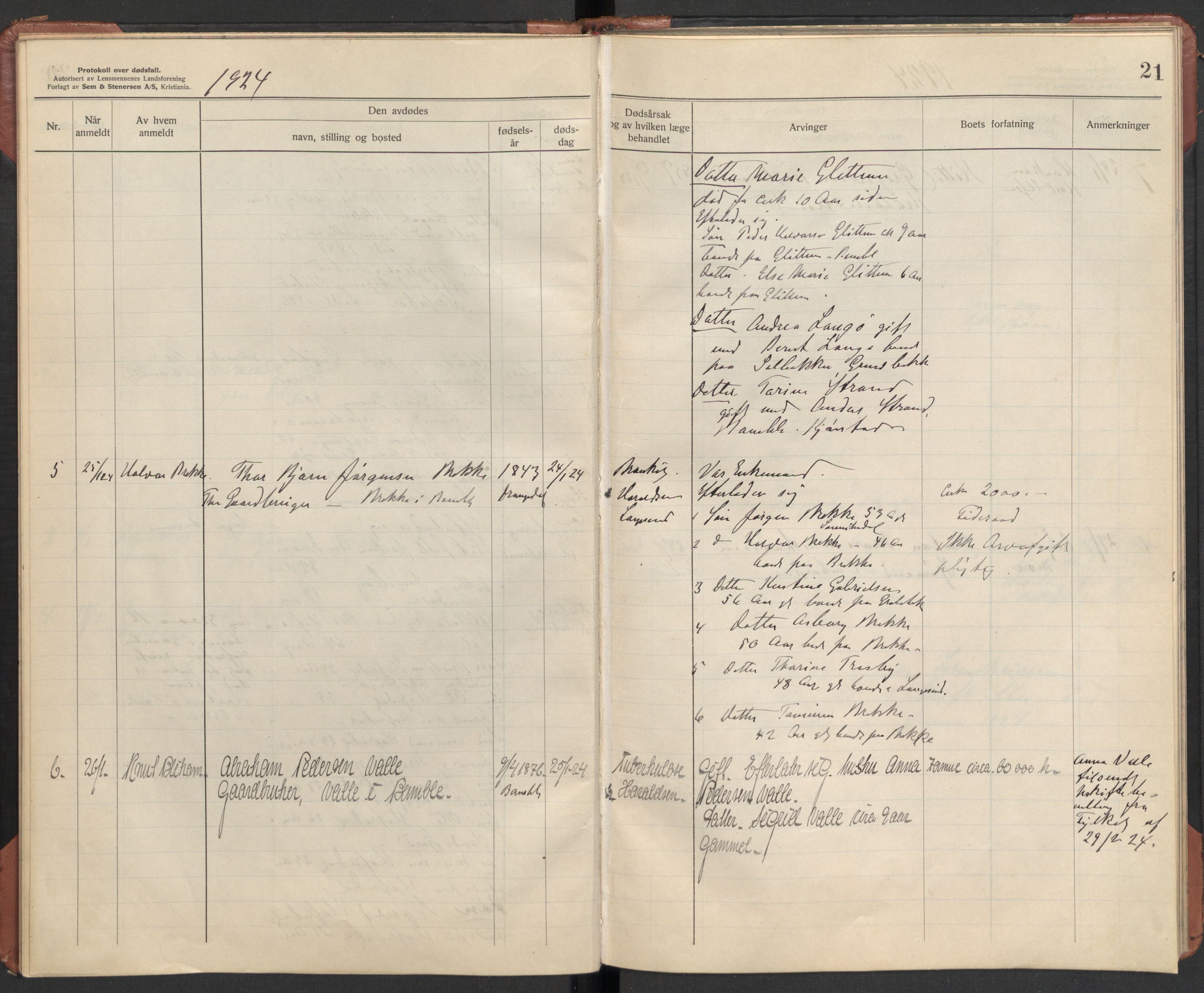 Bamble lensmannskontor, AV/SAKO-A-552/H/Ha/Haa/L0004: Dødsfallsprotokoll, 1923-1926, p. 21