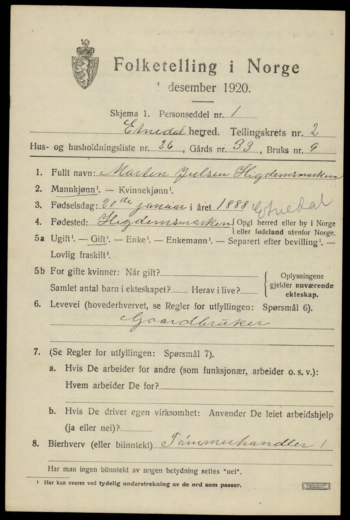 SAH, 1920 census for Etnedal, 1920, p. 1310