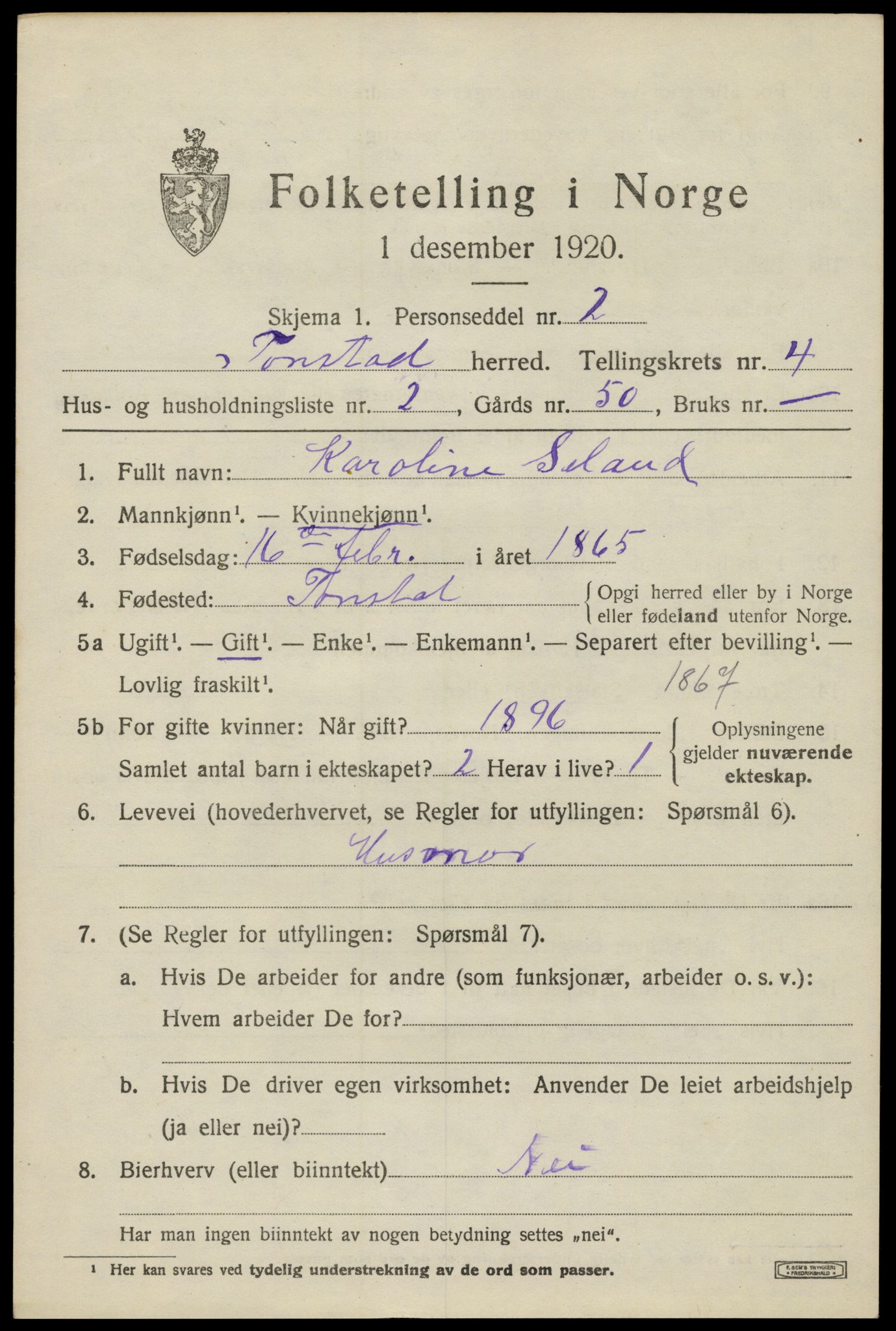 SAK, 1920 census for Tonstad, 1920, p. 1302