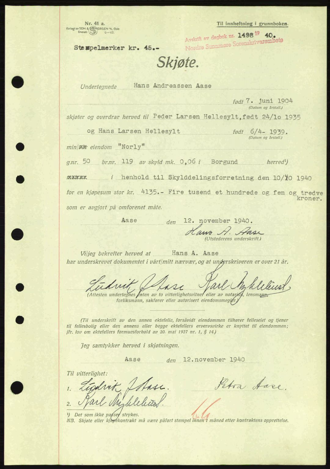 Nordre Sunnmøre sorenskriveri, AV/SAT-A-0006/1/2/2C/2Ca: Mortgage book no. A10, 1940-1941, Diary no: : 1498/1940