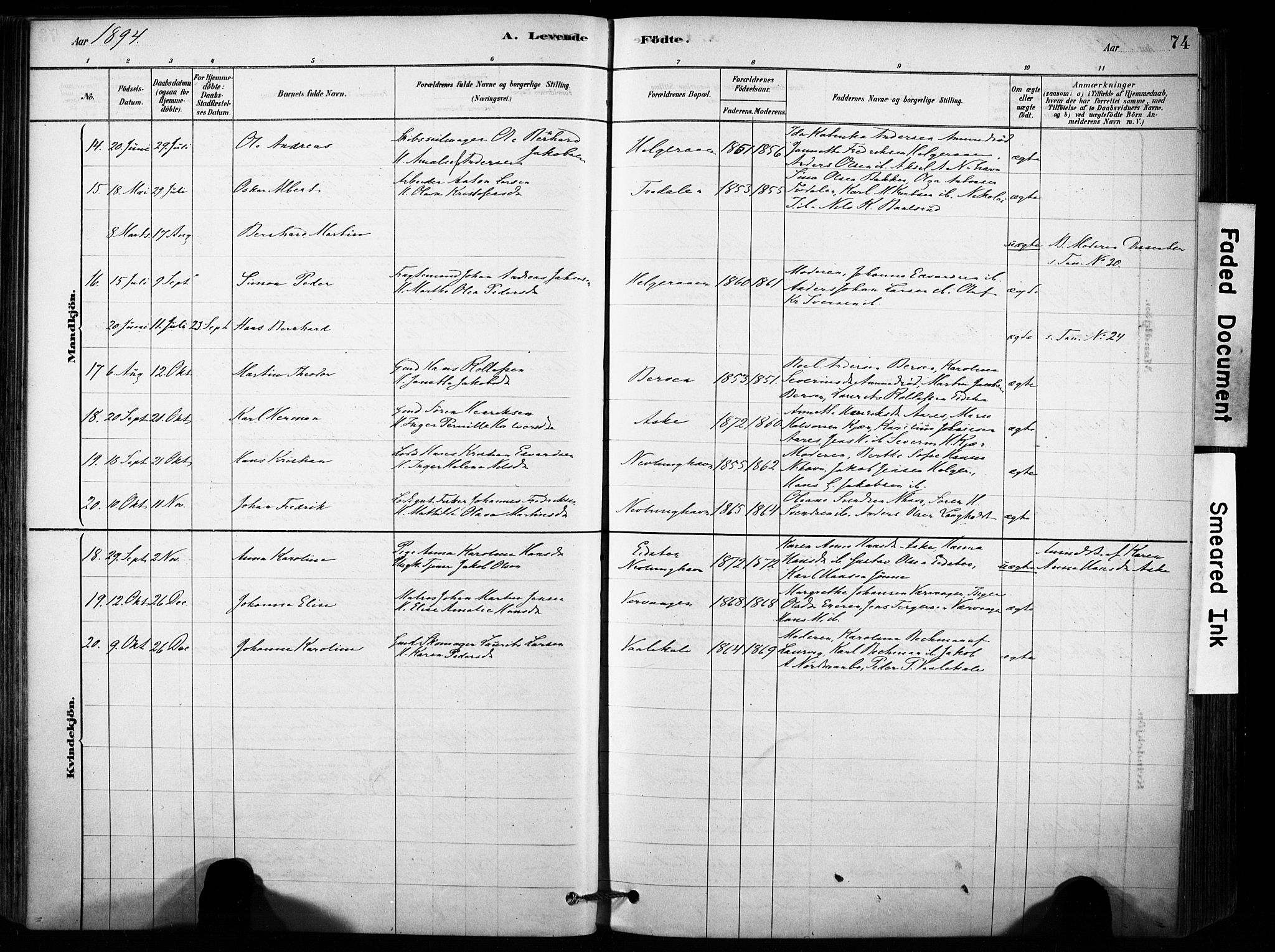 Brunlanes kirkebøker, AV/SAKO-A-342/F/Fb/L0001: Parish register (official) no. II 1, 1878-1899, p. 74