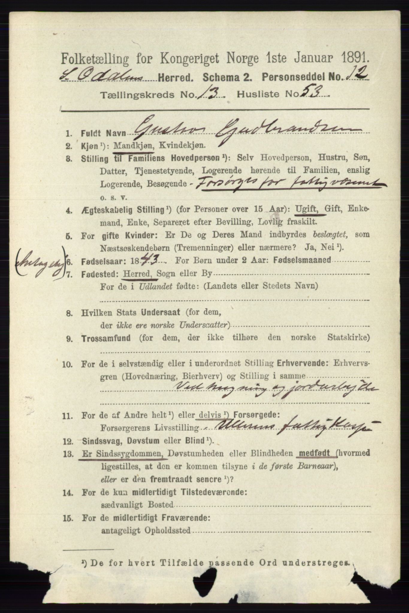 RA, 1891 census for 0419 Sør-Odal, 1891, p. 5915