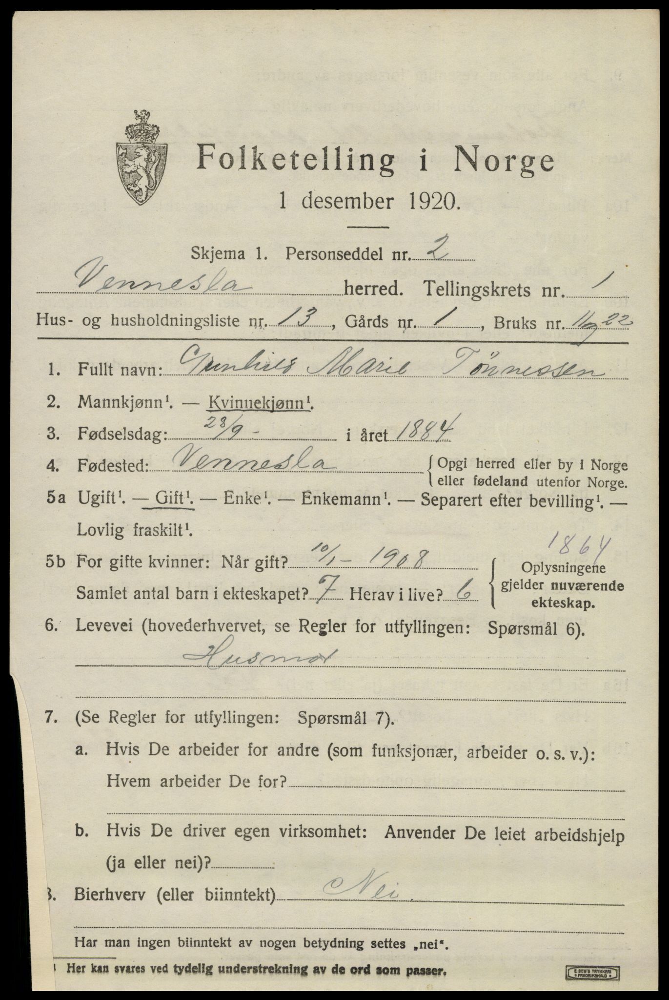 SAK, 1920 census for Vennesla, 1920, p. 1046