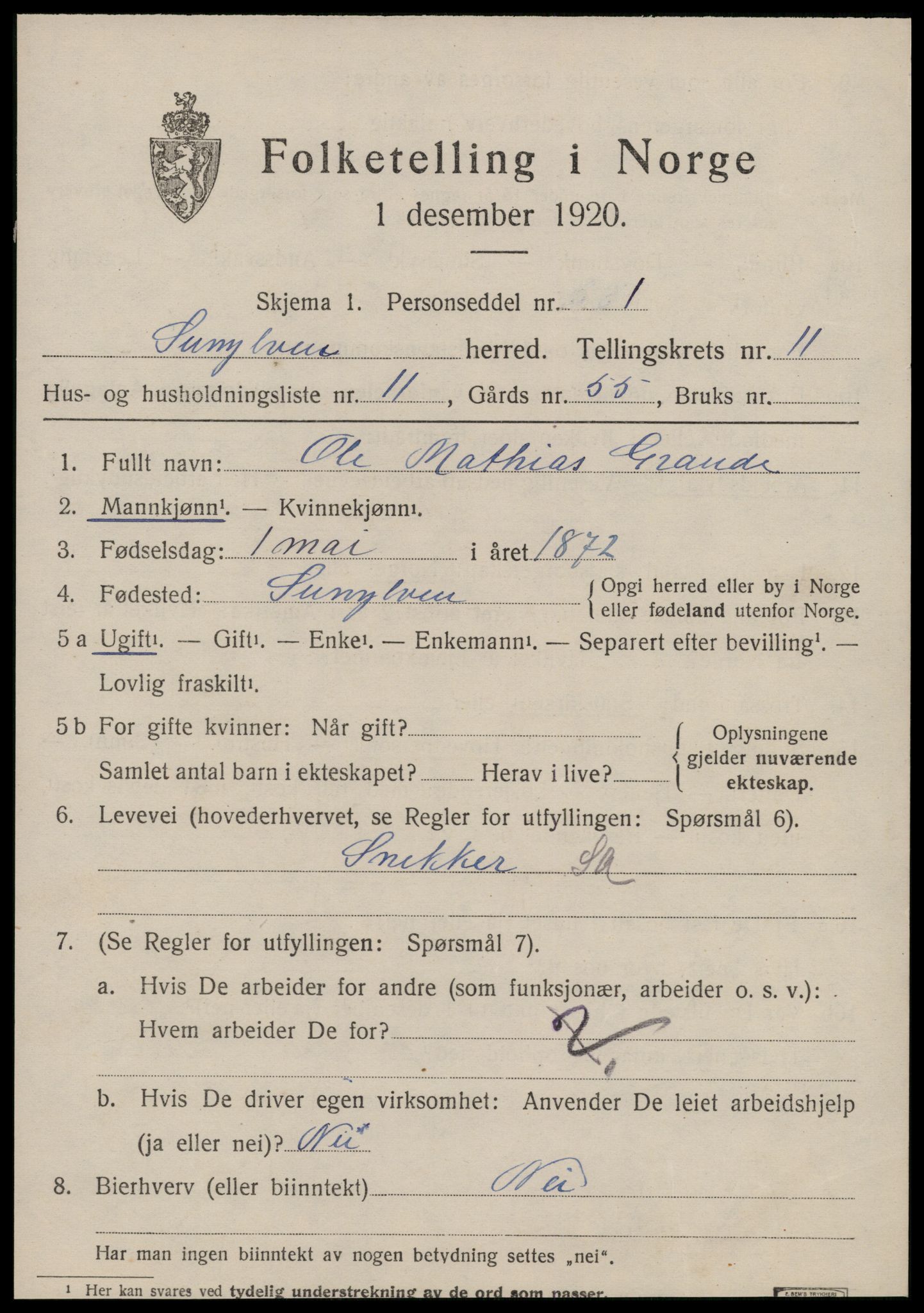 SAT, 1920 census for Sunnylven, 1920, p. 3238