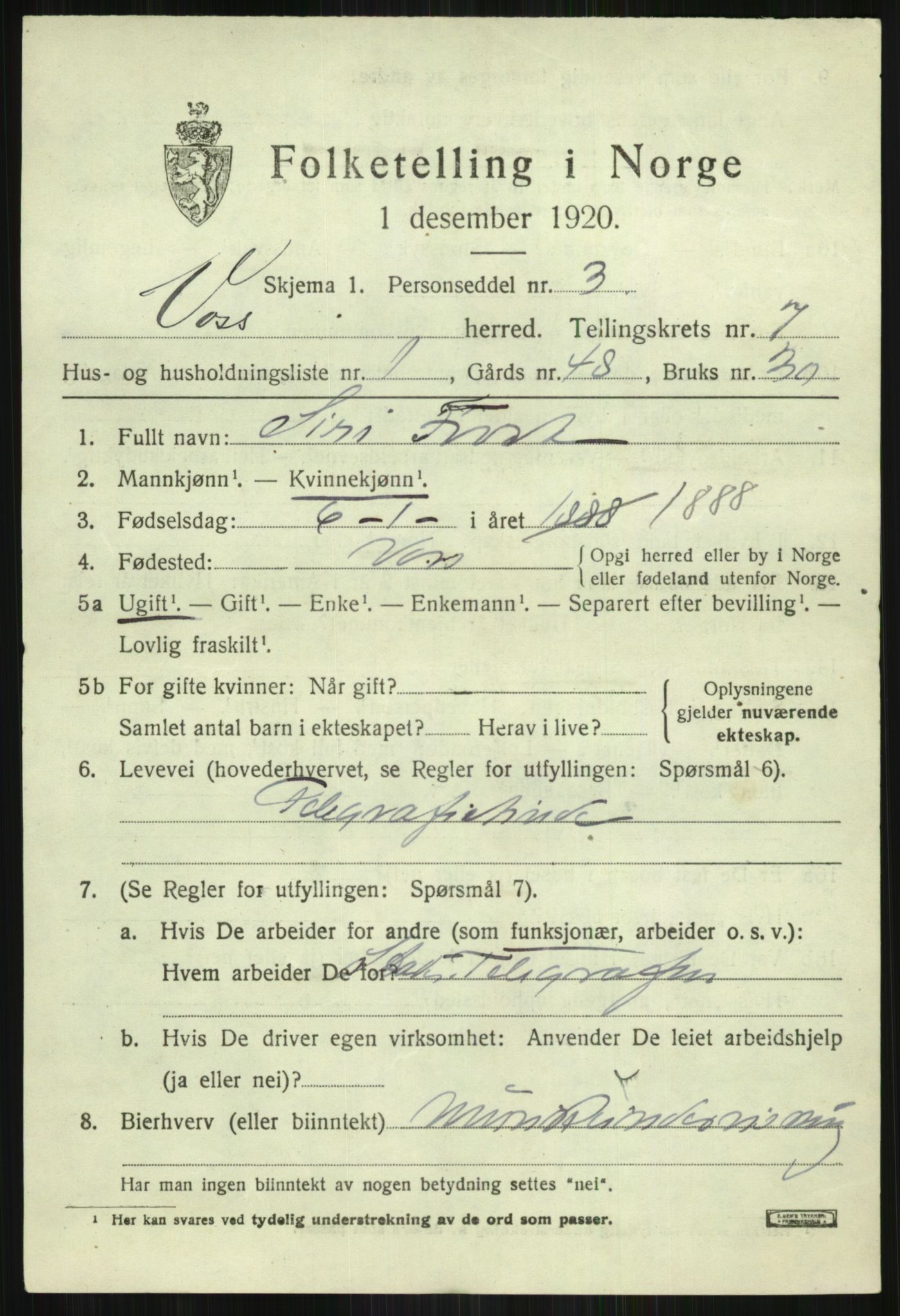 SAB, 1920 census for Voss, 1920, p. 6557