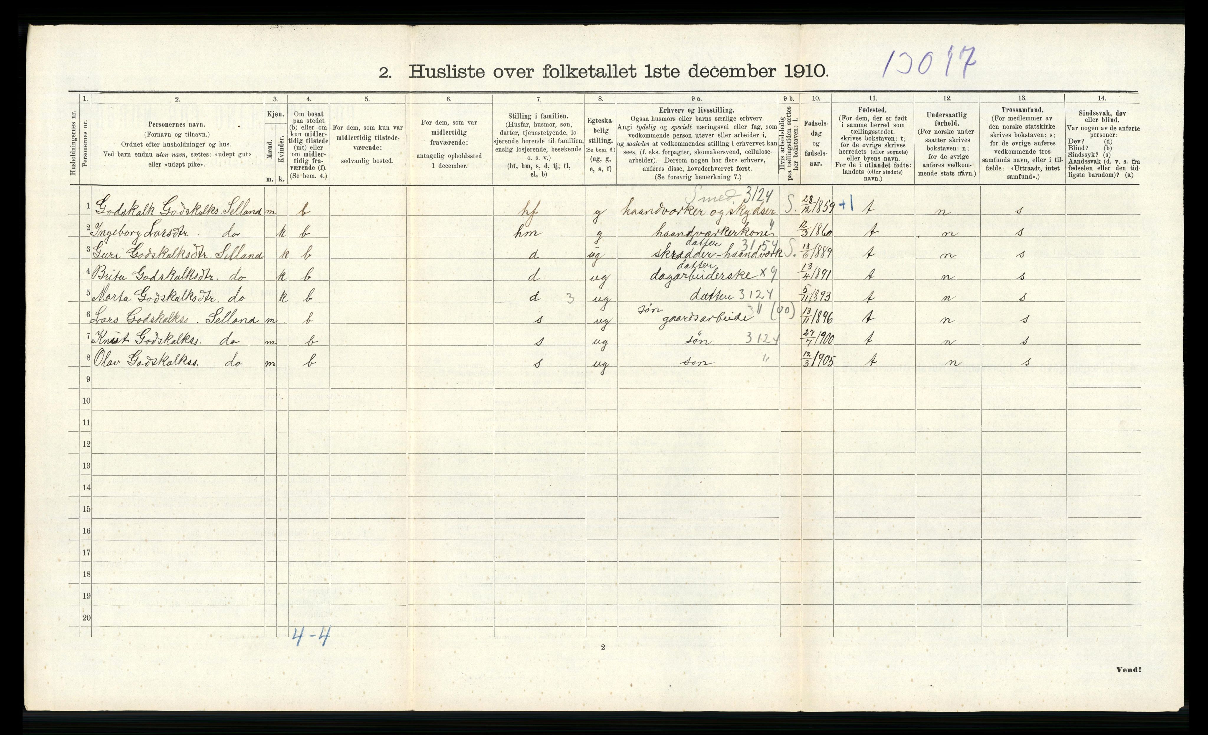 RA, 1910 census for Vossestrand, 1910, p. 622