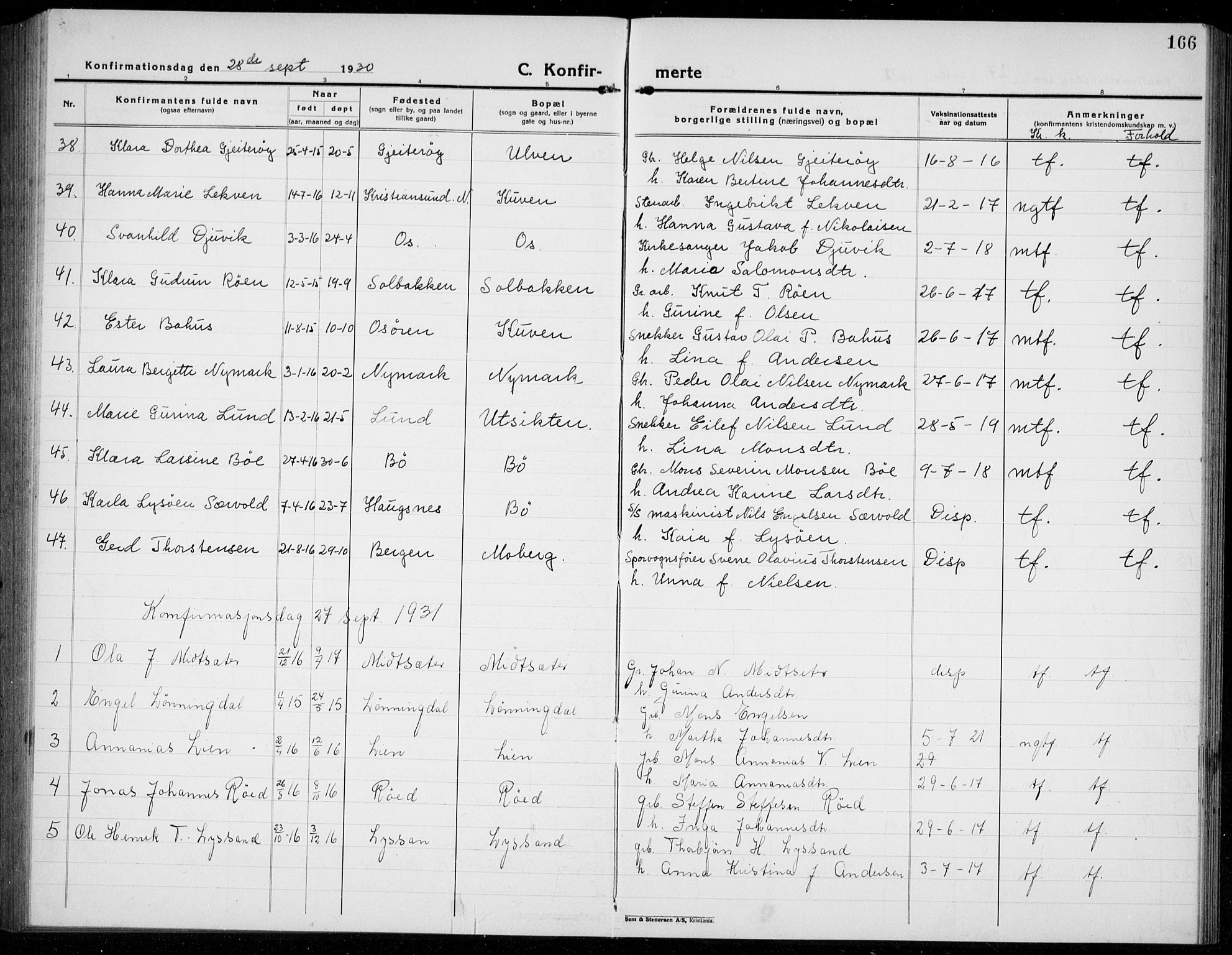 Os sokneprestembete, AV/SAB-A-99929: Parish register (copy) no. A 5, 1923-1941, p. 166