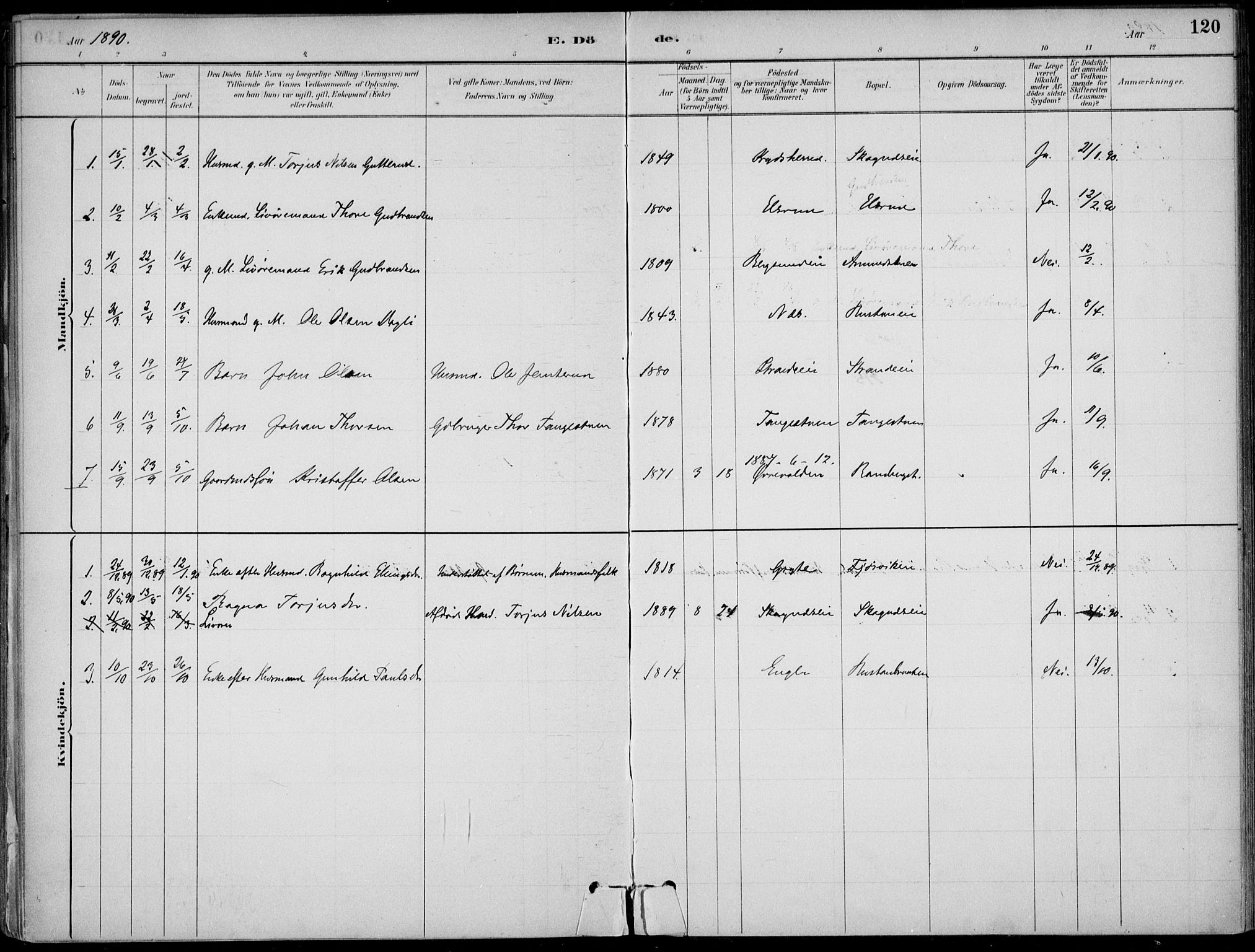 Ådal kirkebøker, AV/SAKO-A-248/F/Fa/L0003: Parish register (official) no. I 3, 1884-1903, p. 120