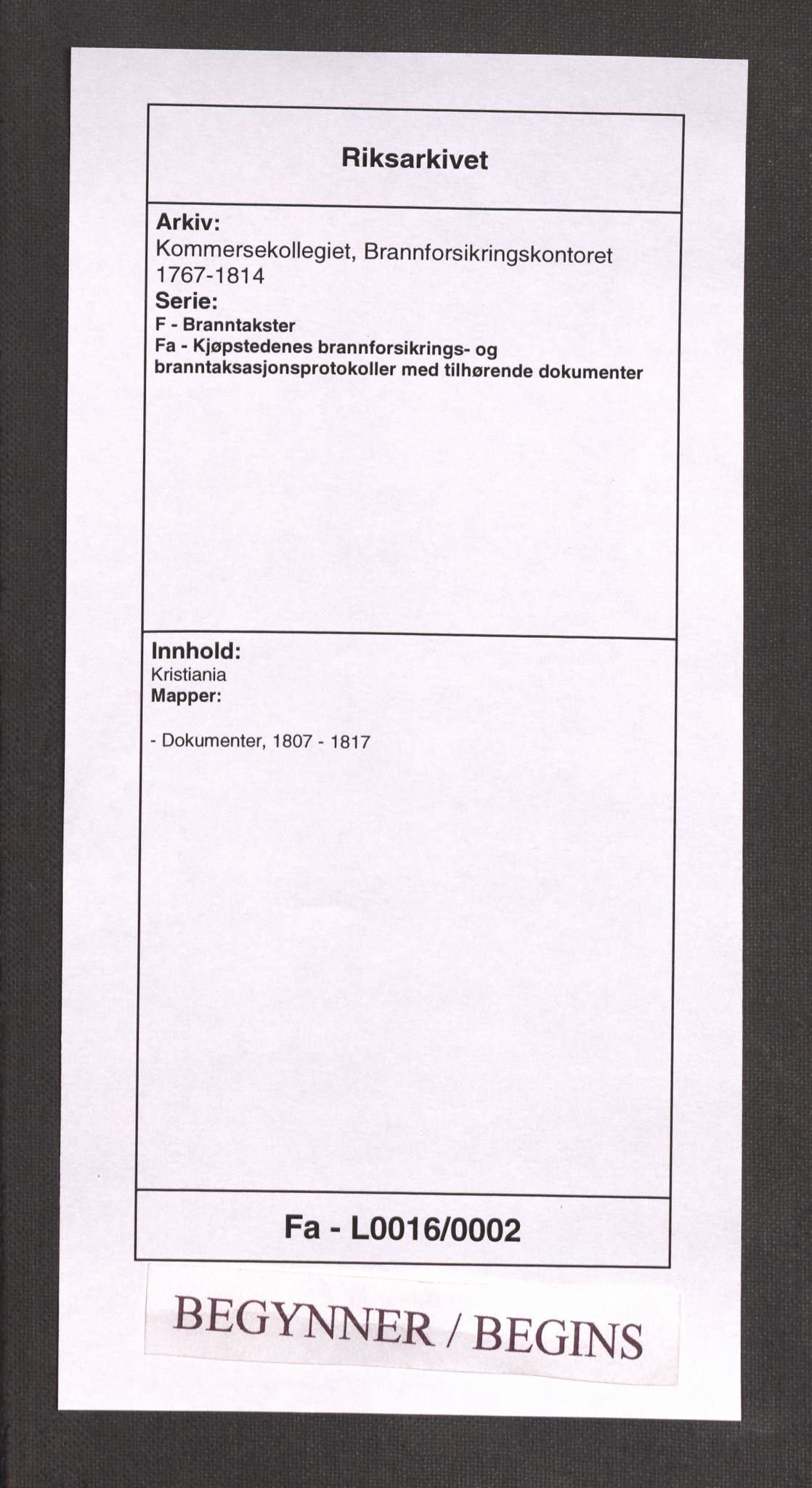 Kommersekollegiet, Brannforsikringskontoret 1767-1814, RA/EA-5458/F/Fa/L0016/0002: Kristiania / Dokumenter, 1807-1817