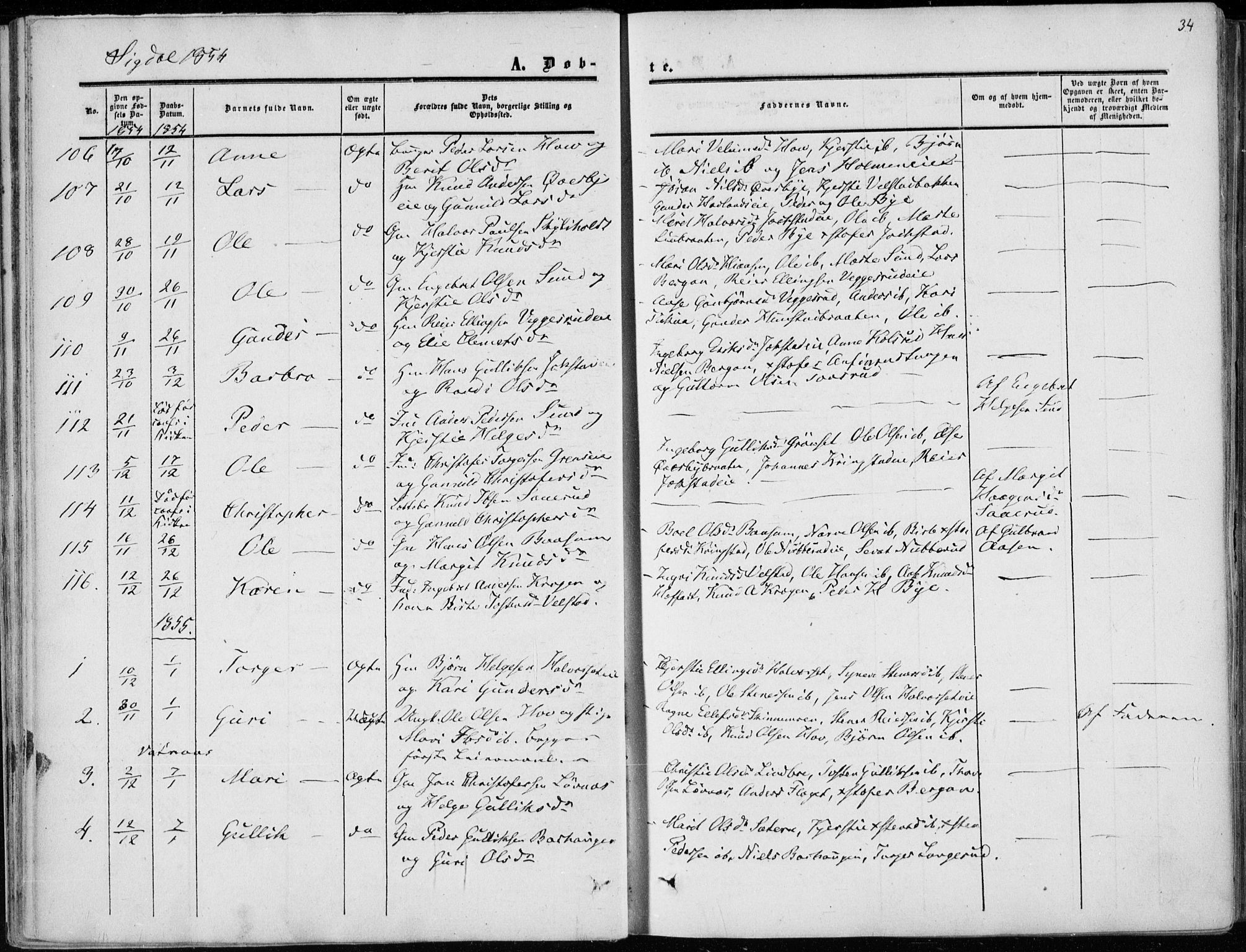 Sigdal kirkebøker, SAKO/A-245/F/Fa/L0008: Parish register (official) no. I 8, 1850-1859, p. 34