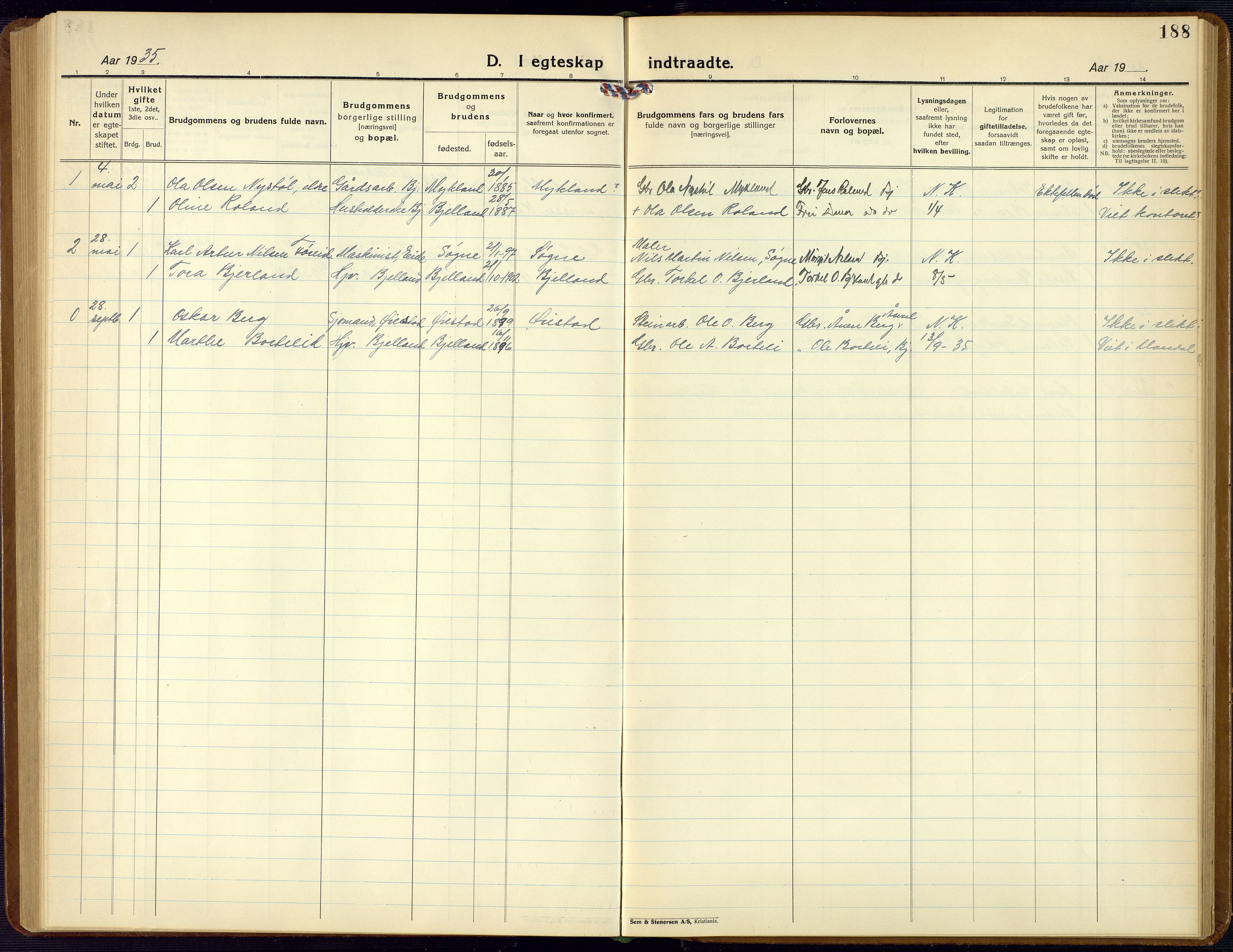 Bjelland sokneprestkontor, SAK/1111-0005/F/Fb/Fba/L0006: Parish register (copy) no. B 6, 1923-1956, p. 188