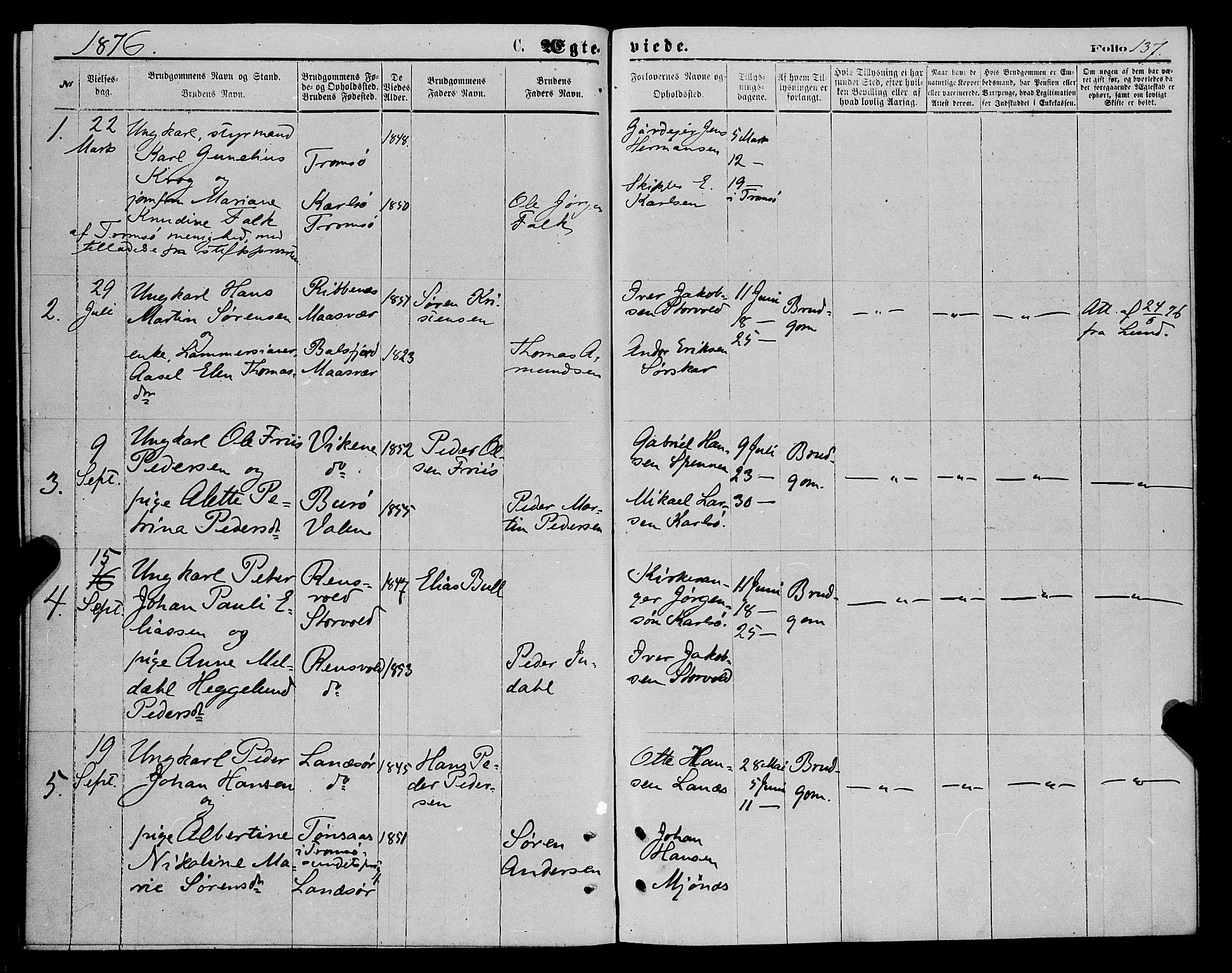 Karlsøy sokneprestembete, AV/SATØ-S-1299/H/Ha/Haa/L0005kirke: Parish register (official) no. 5, 1872-1878, p. 137