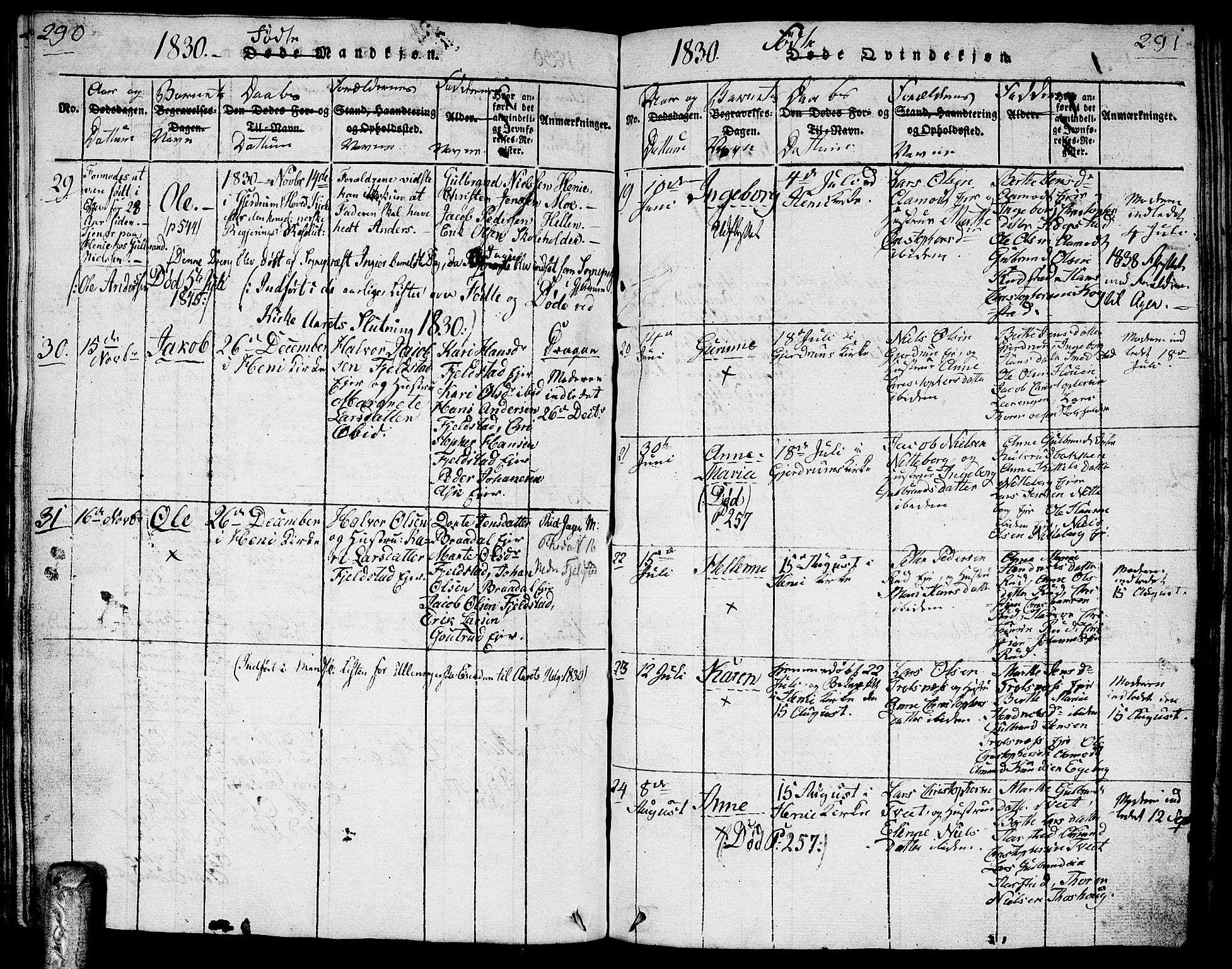 Gjerdrum prestekontor Kirkebøker, AV/SAO-A-10412b/G/Ga/L0001: Parish register (copy) no. I 1, 1816-1837, p. 290-291