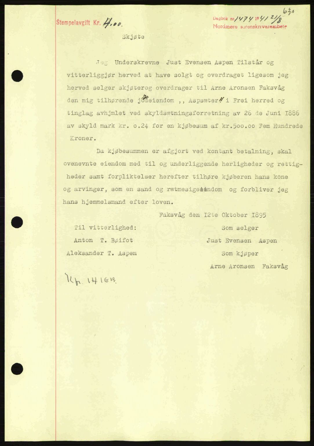 Nordmøre sorenskriveri, SAT/A-4132/1/2/2Ca: Mortgage book no. A90, 1941-1941, Diary no: : 1474/1941