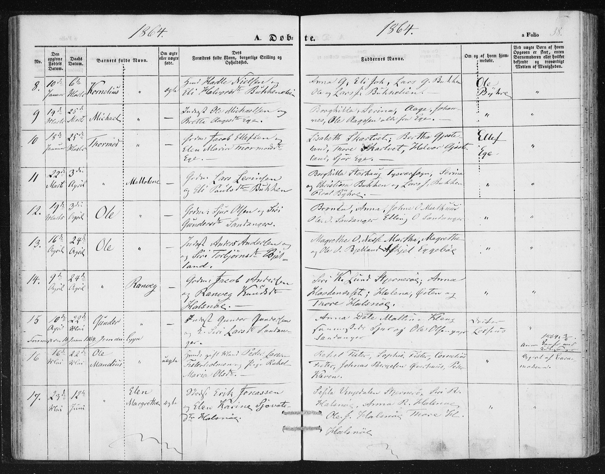 Hjelmeland sokneprestkontor, SAST/A-101843/01/IV/L0010: Parish register (official) no. A 10, 1851-1871, p. 38