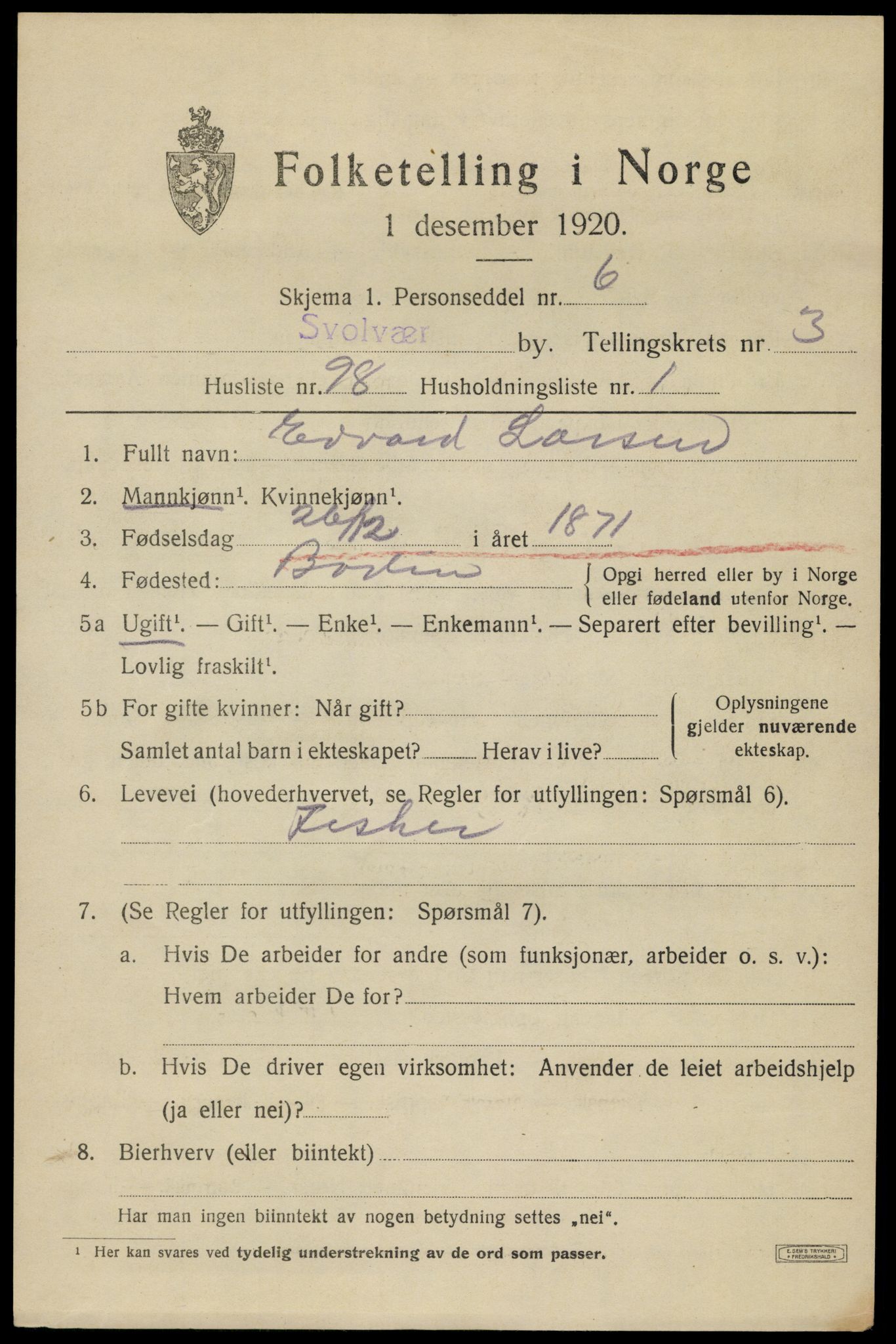 SAT, 1920 census for Svolvær, 1920, p. 5476